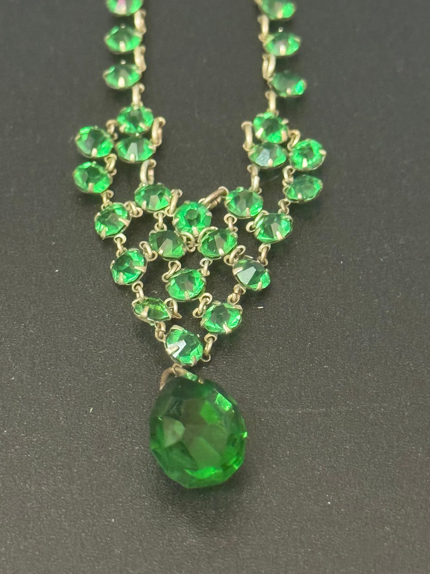 Art Deco Czech Open Back emerald green clear Crystal Silver tone gilt metal Necklace