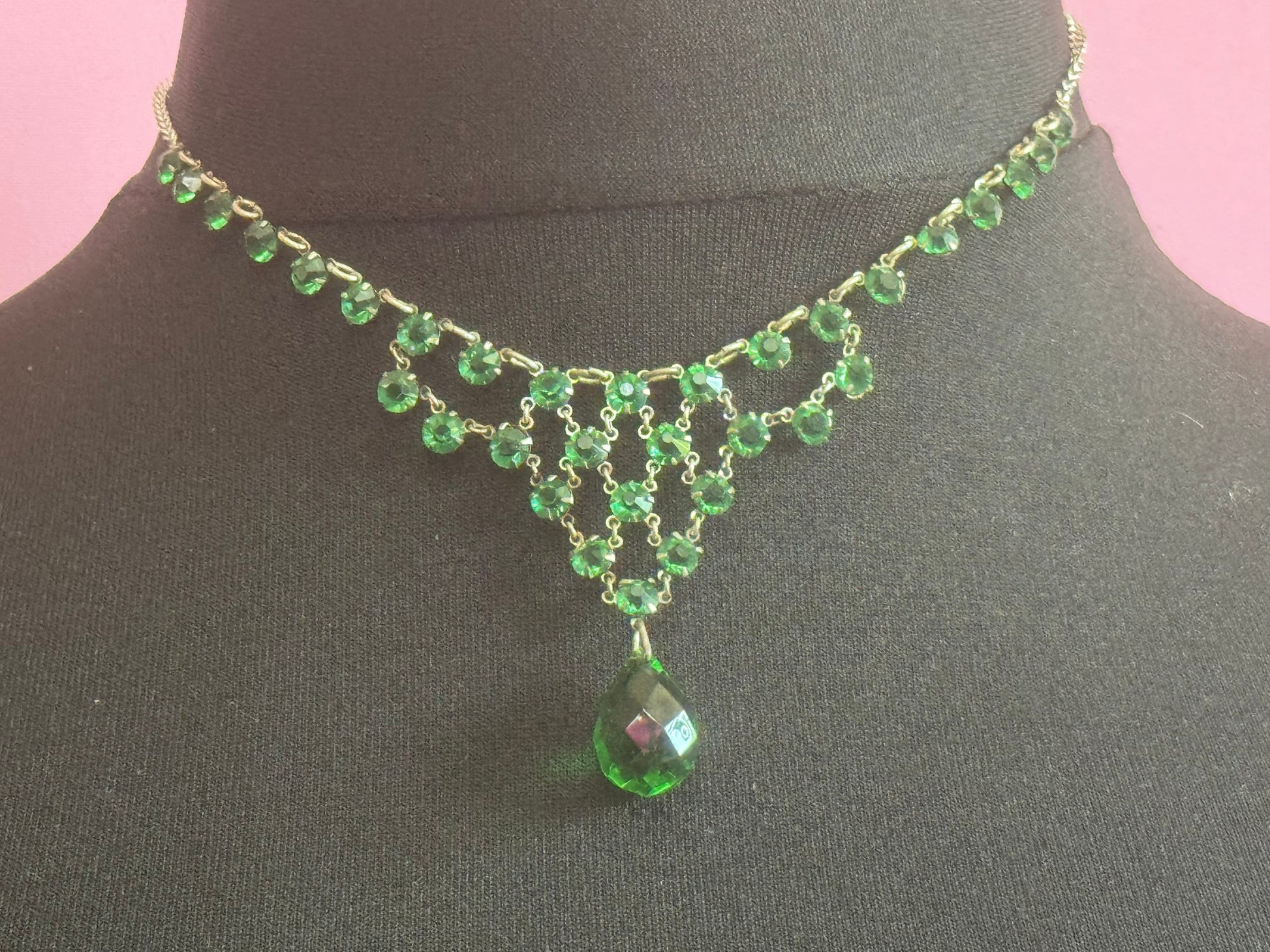 Art Deco Czech Open Back emerald green clear Crystal Silver tone gilt metal Necklace