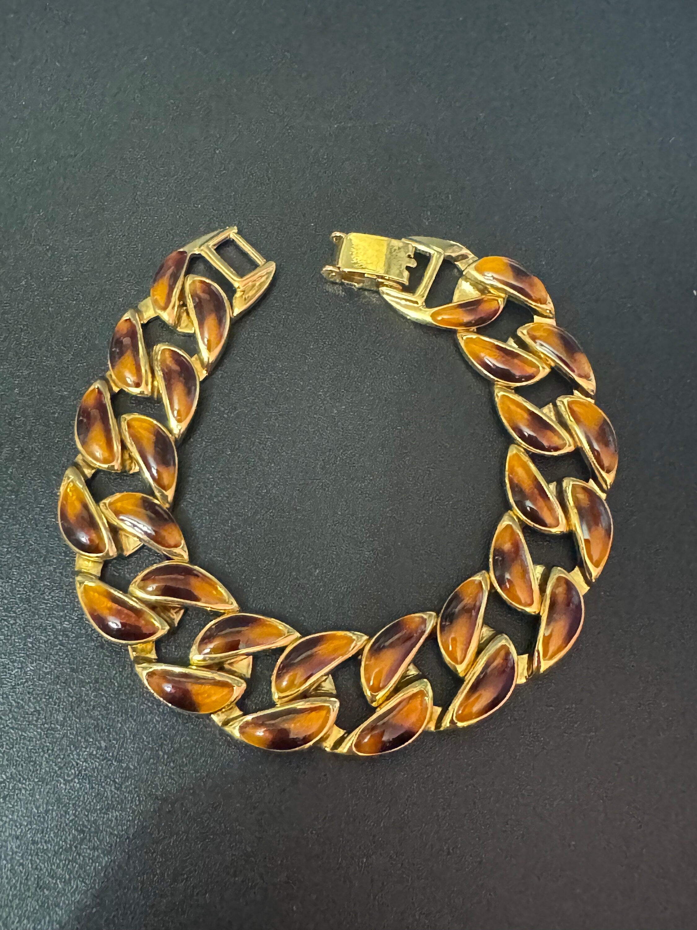 Retro lightweight gold tone chain link brown enamel wide curb bracelet