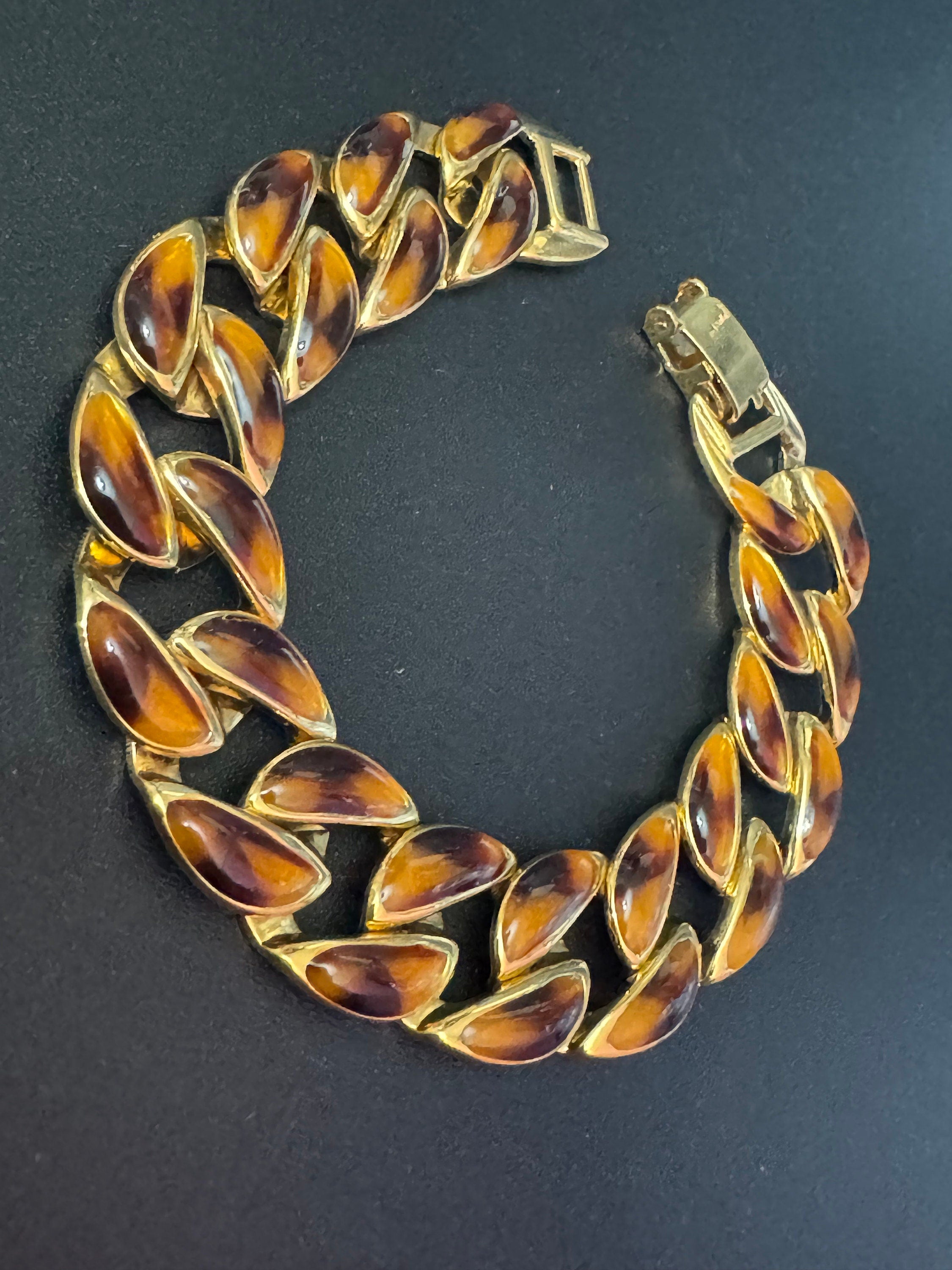 Retro lightweight gold tone chain link brown enamel wide curb bracelet