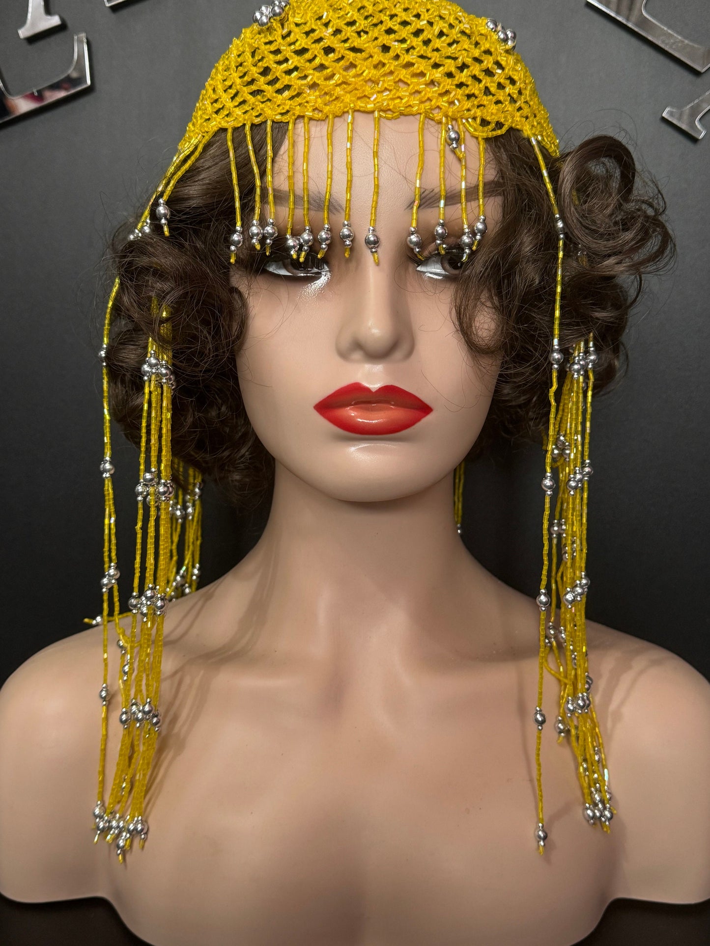 Quirky bright yellow beaded art deco style head piece bead cloche headress