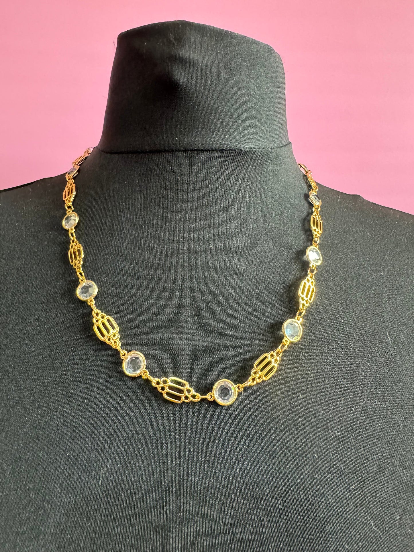 58cm long 1980s thick gold plated fancy link glass crystal bezel beaded station necklace