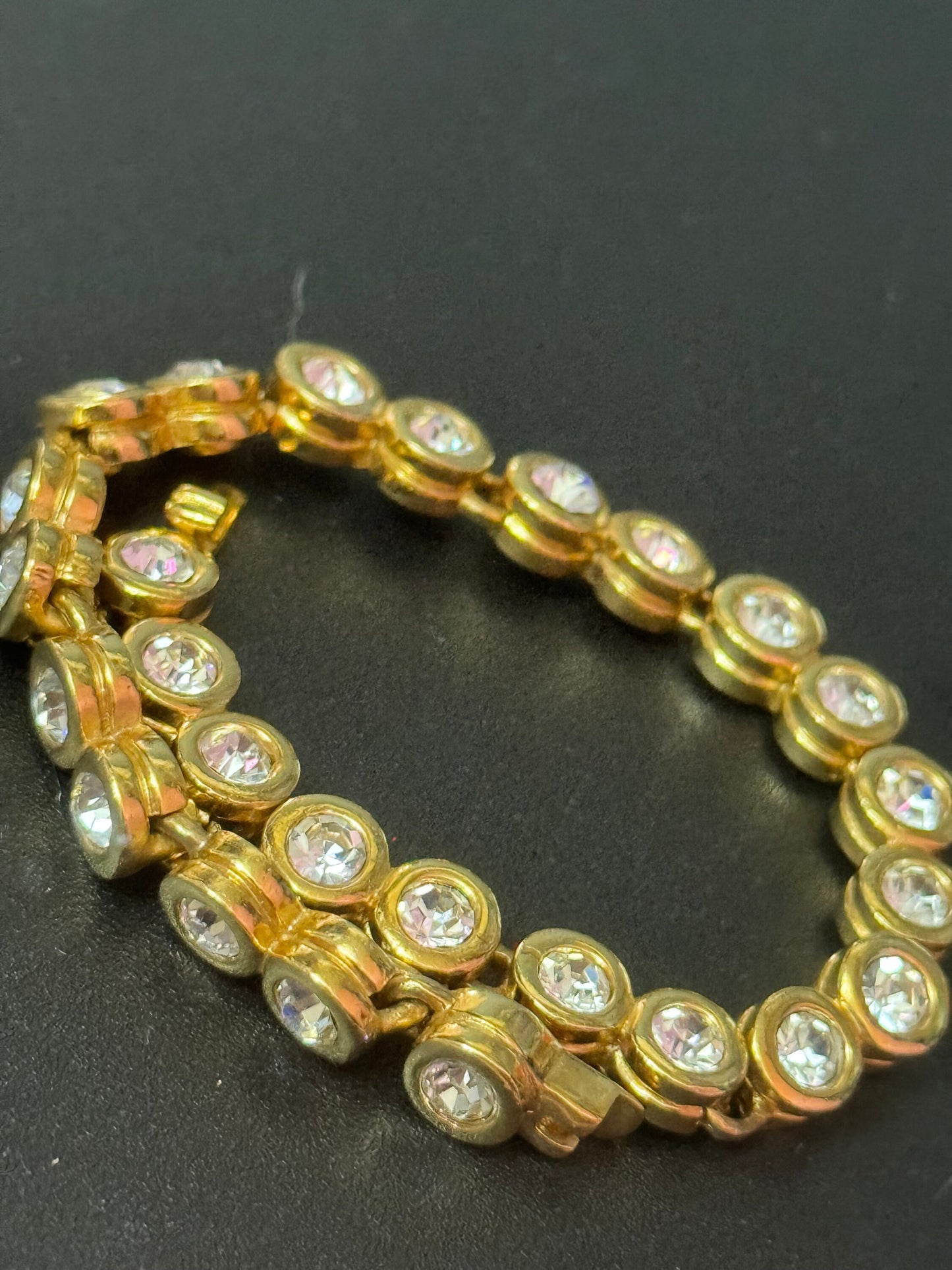 Vintage clear diamanté Crystal bezel set gold plated tennis bracelet