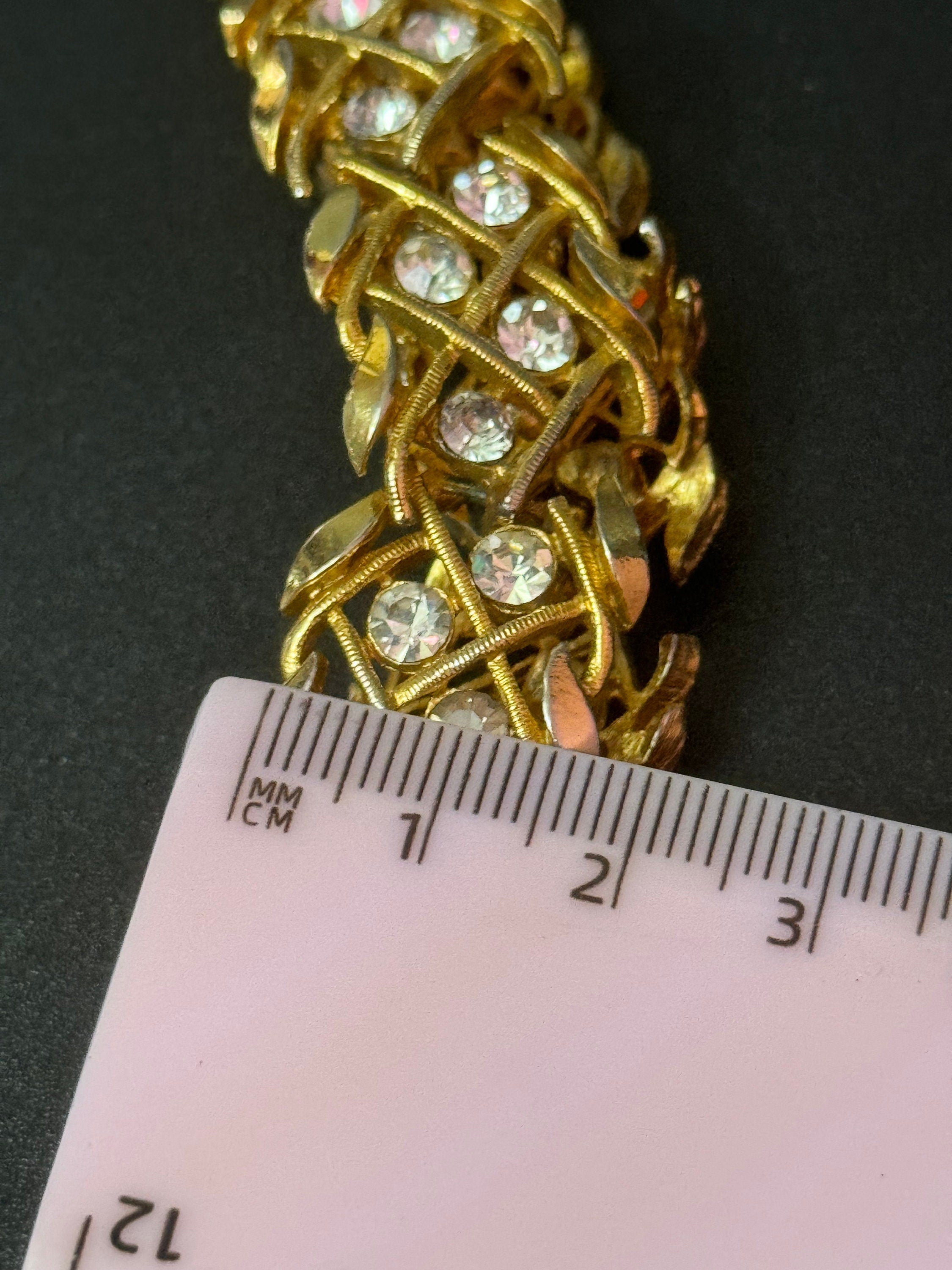 Vintage woven panel link gold tone clear rhinestone bracelet 17cm x 2cm wide