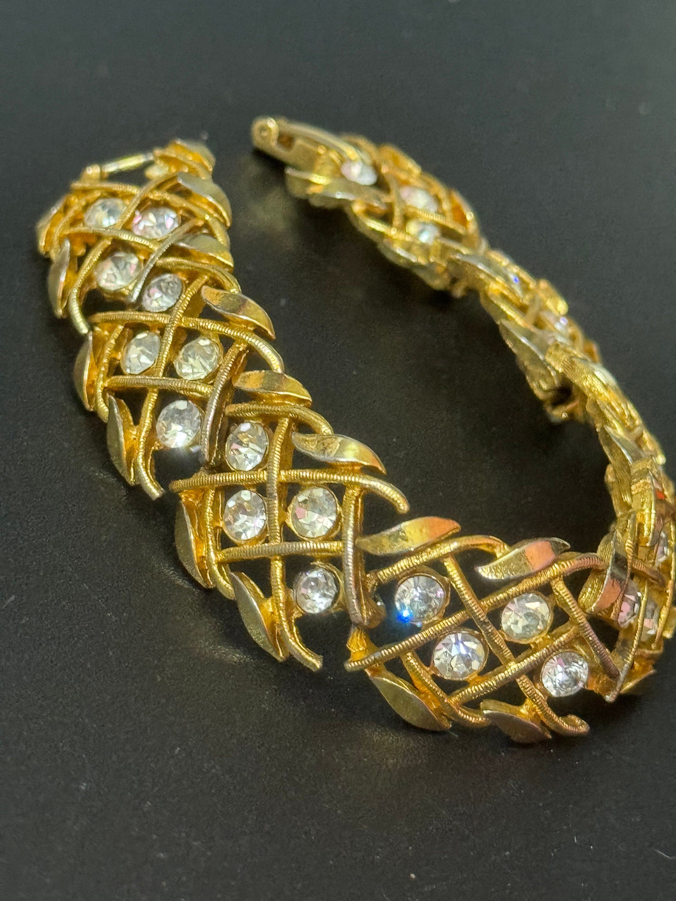 Slim wrist Vintage woven panel link gold tone clear rhinestone bracelet 17cm x 2cm wide