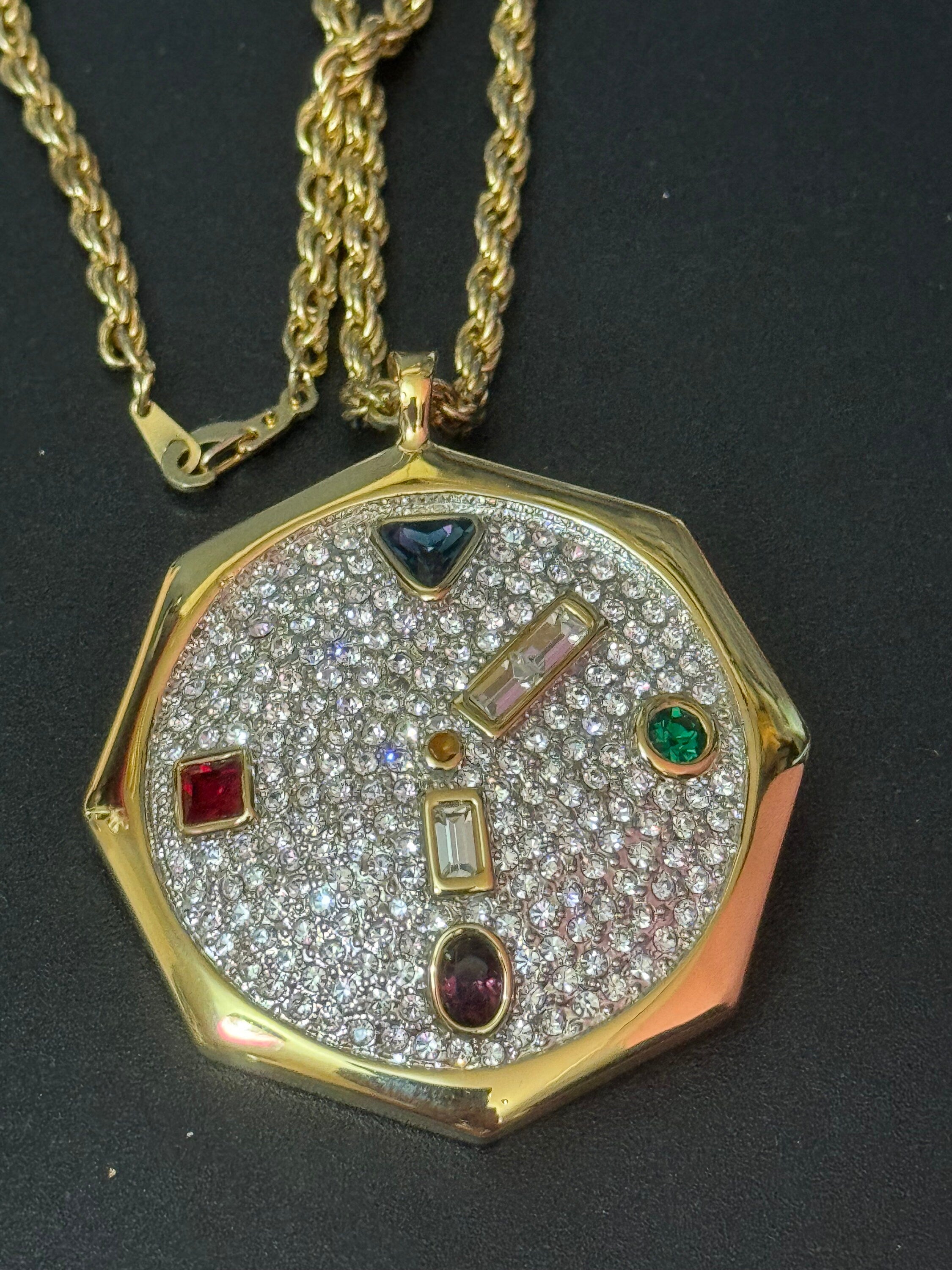 High End Retro gem set gold tone rope necklace with hexagonal rhinestone encrusted medallion pendant red blue green