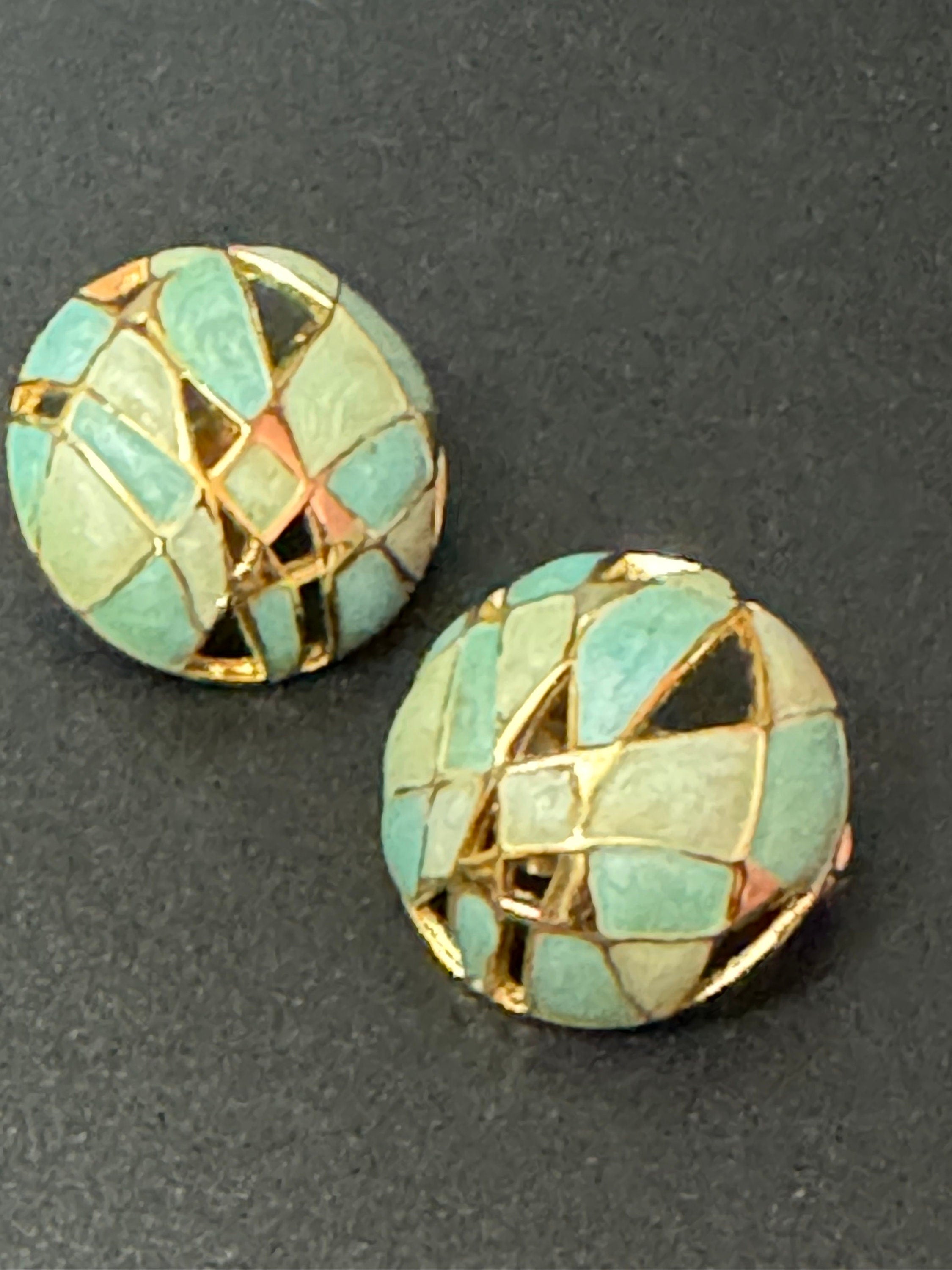 Signed orena Paris gold tone turquoise blue enamel round domed clip on earrings