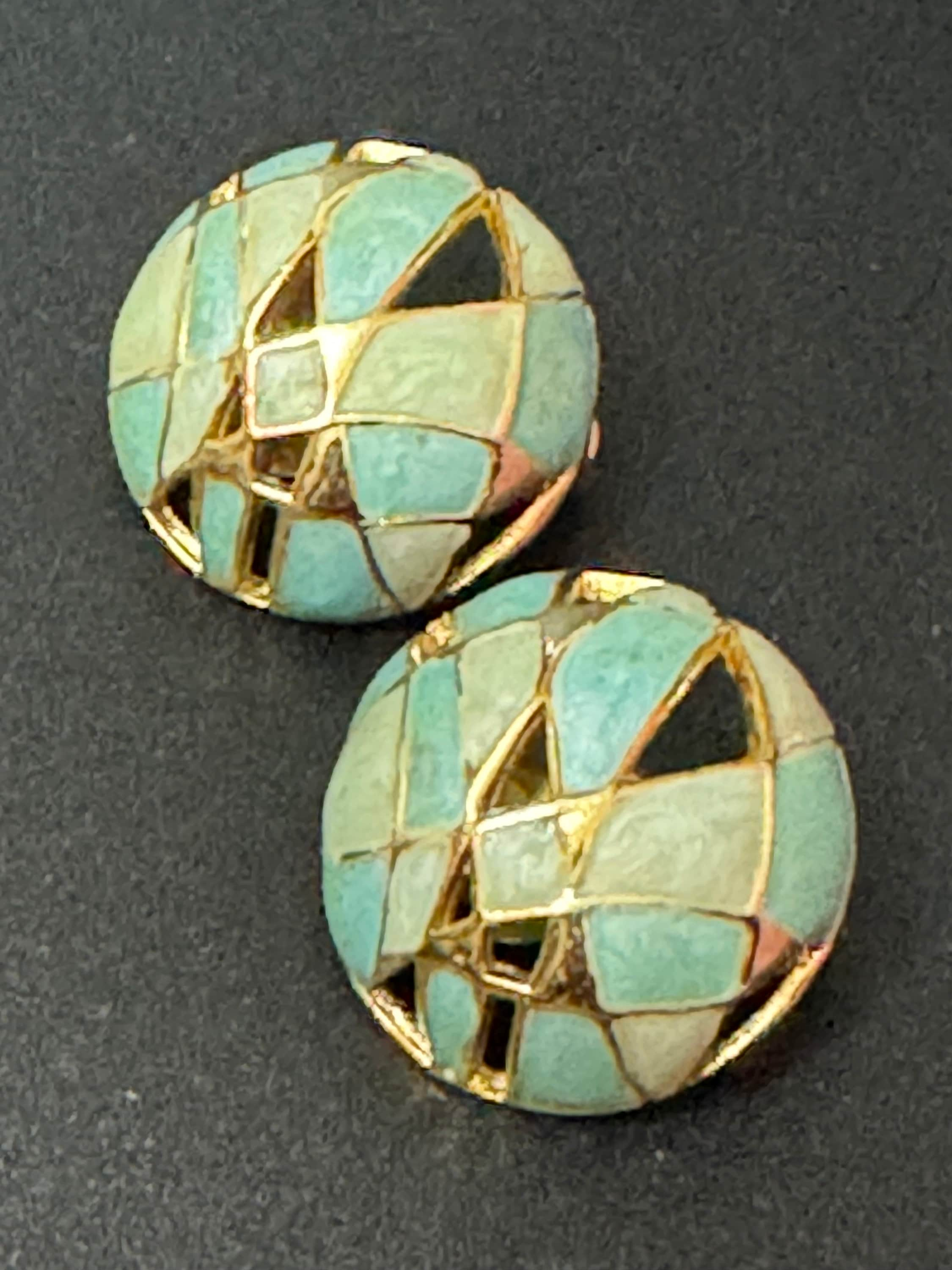 Signed orena Paris gold tone turquoise blue enamel round domed clip on earrings