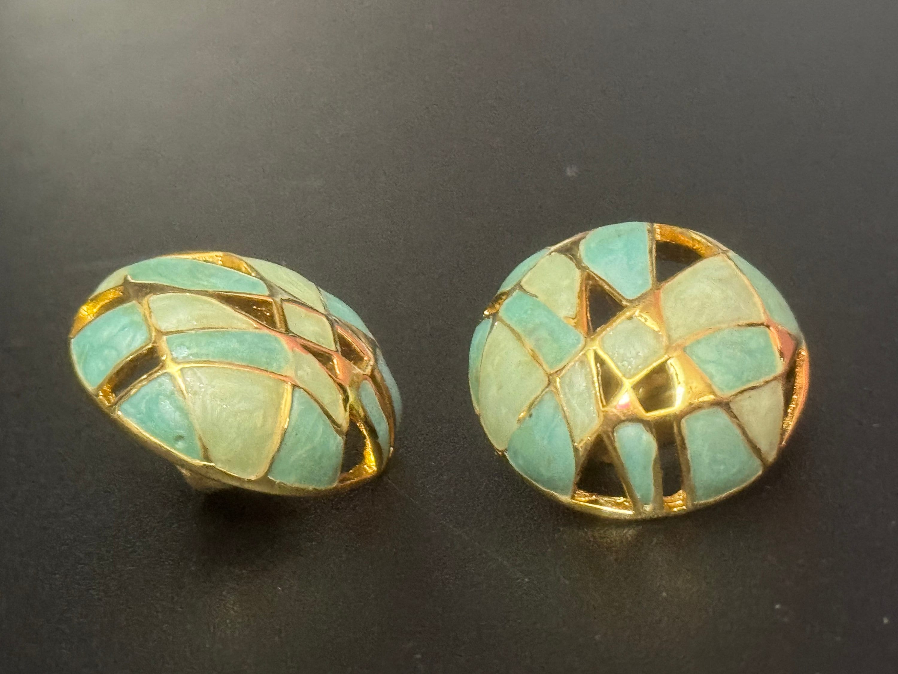 Signed orena Paris gold tone turquoise blue enamel round domed clip on earrings