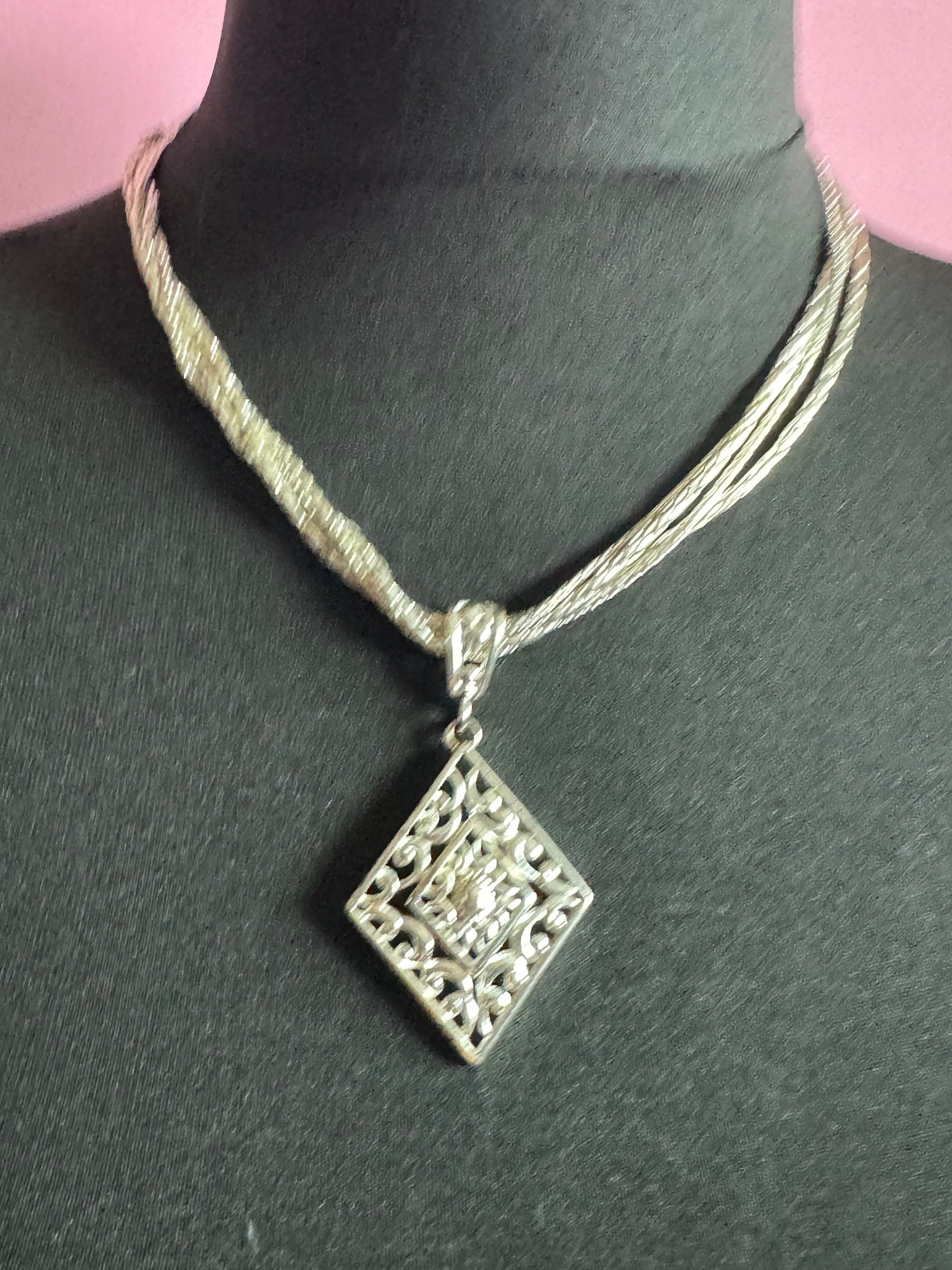 Signed NAPIER designer silver tone multi strand diamond pendant necklace