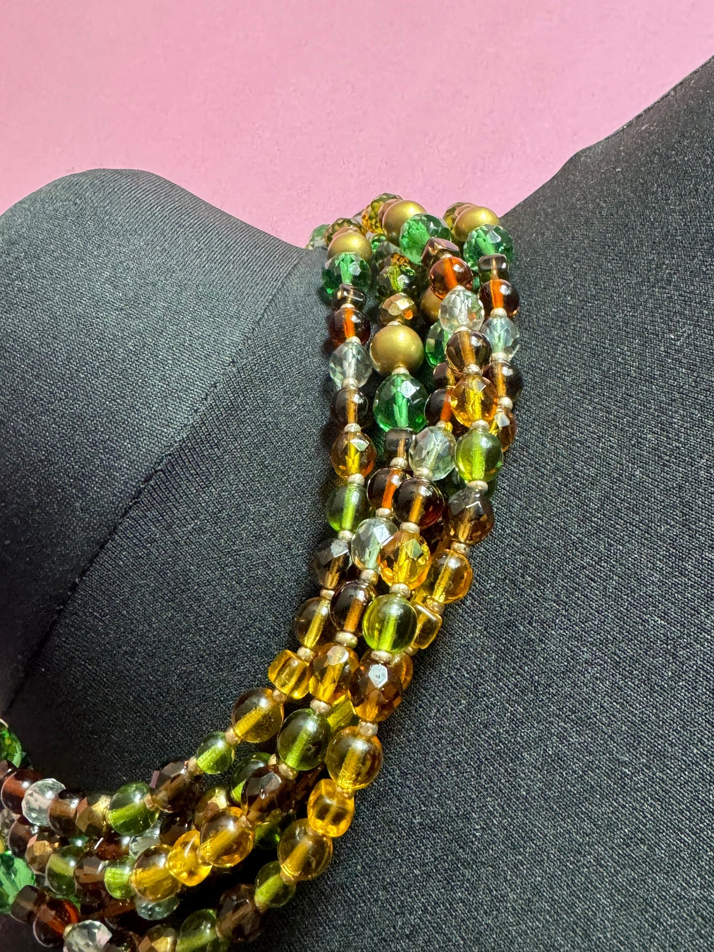 250cm signed Joan Rivers very long gold tone green orange brown pearl beaded wrap flapper necklace