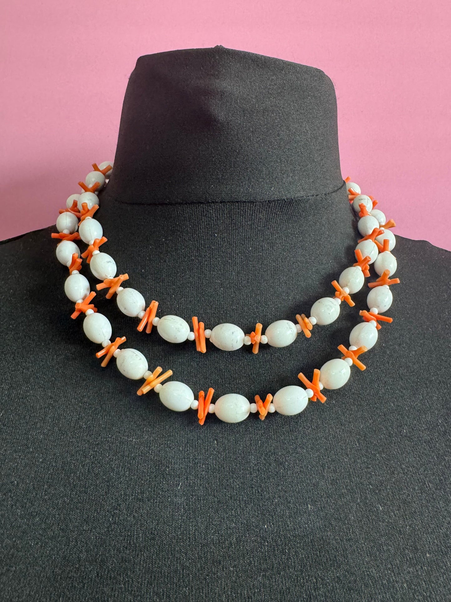 100cm vintage Stick Branch Orange FAUX Coral and white oval beaded plastic necklace