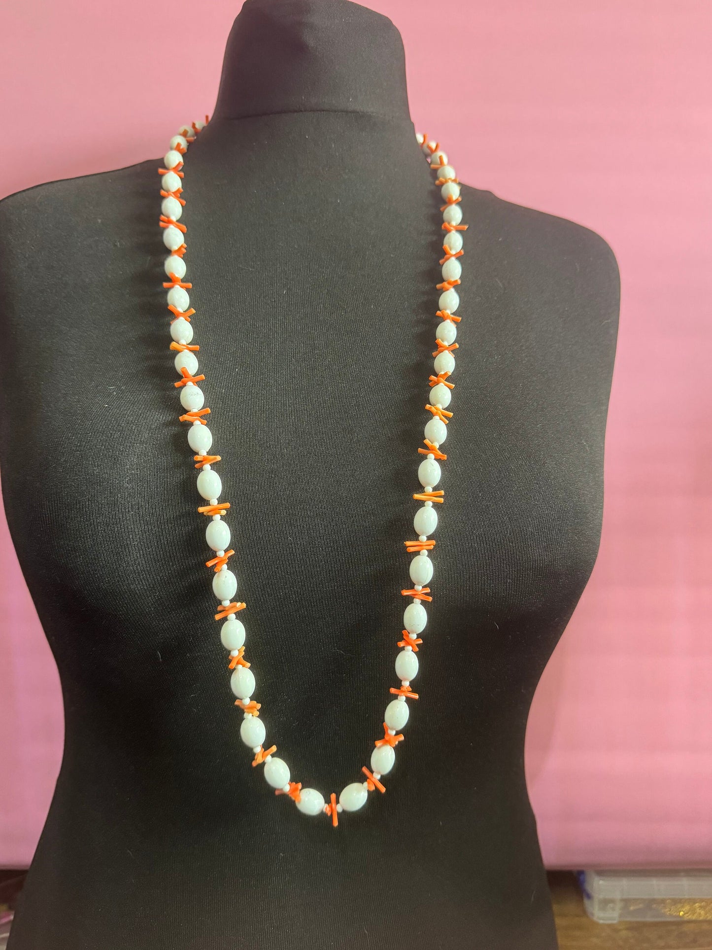 100cm vintage Stick Branch Orange FAUX Coral and white oval beaded plastic necklace