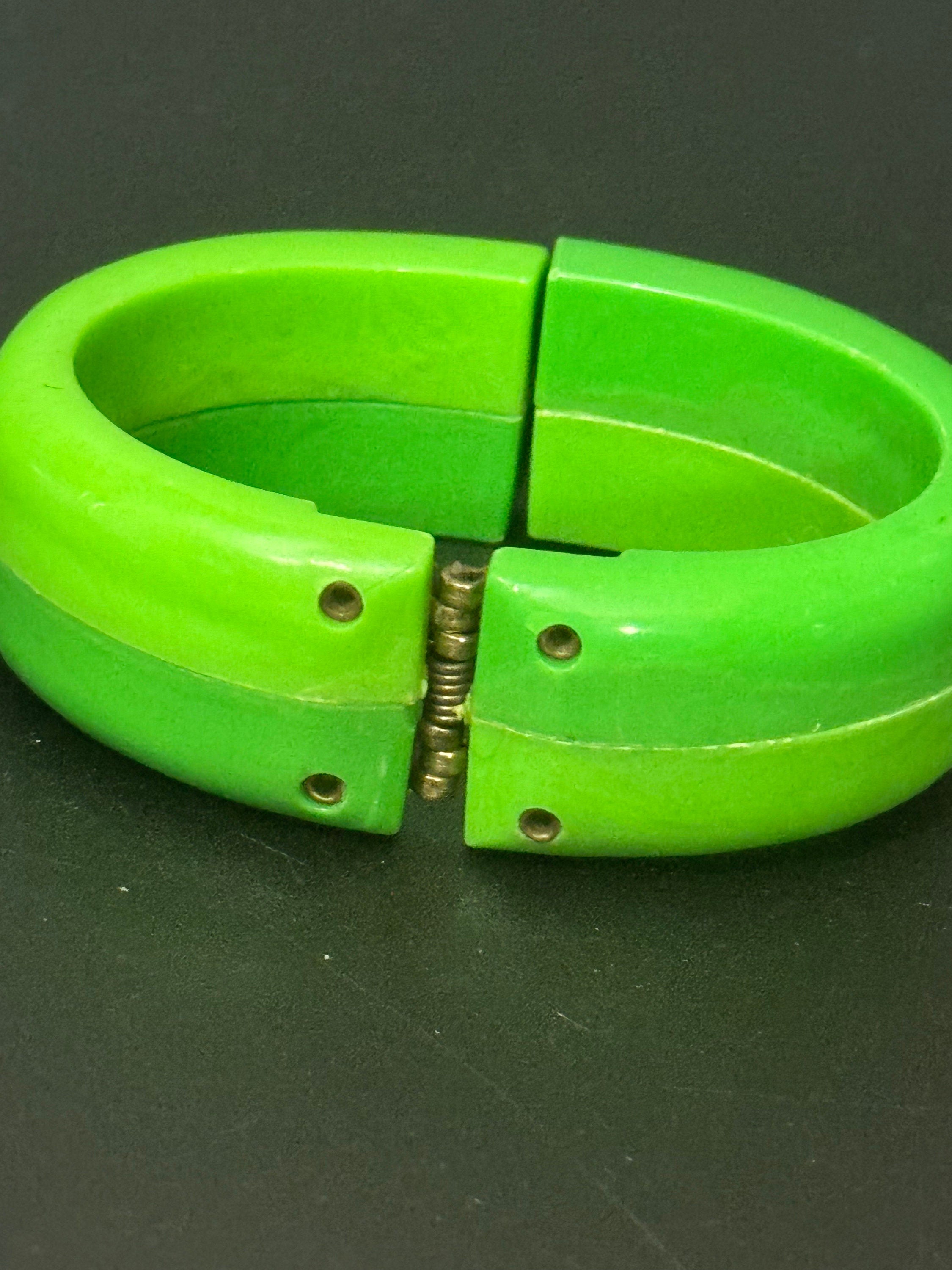 Bright green two tone geometric early plastic resin wide cuff clamper bangle bracelet Vintage