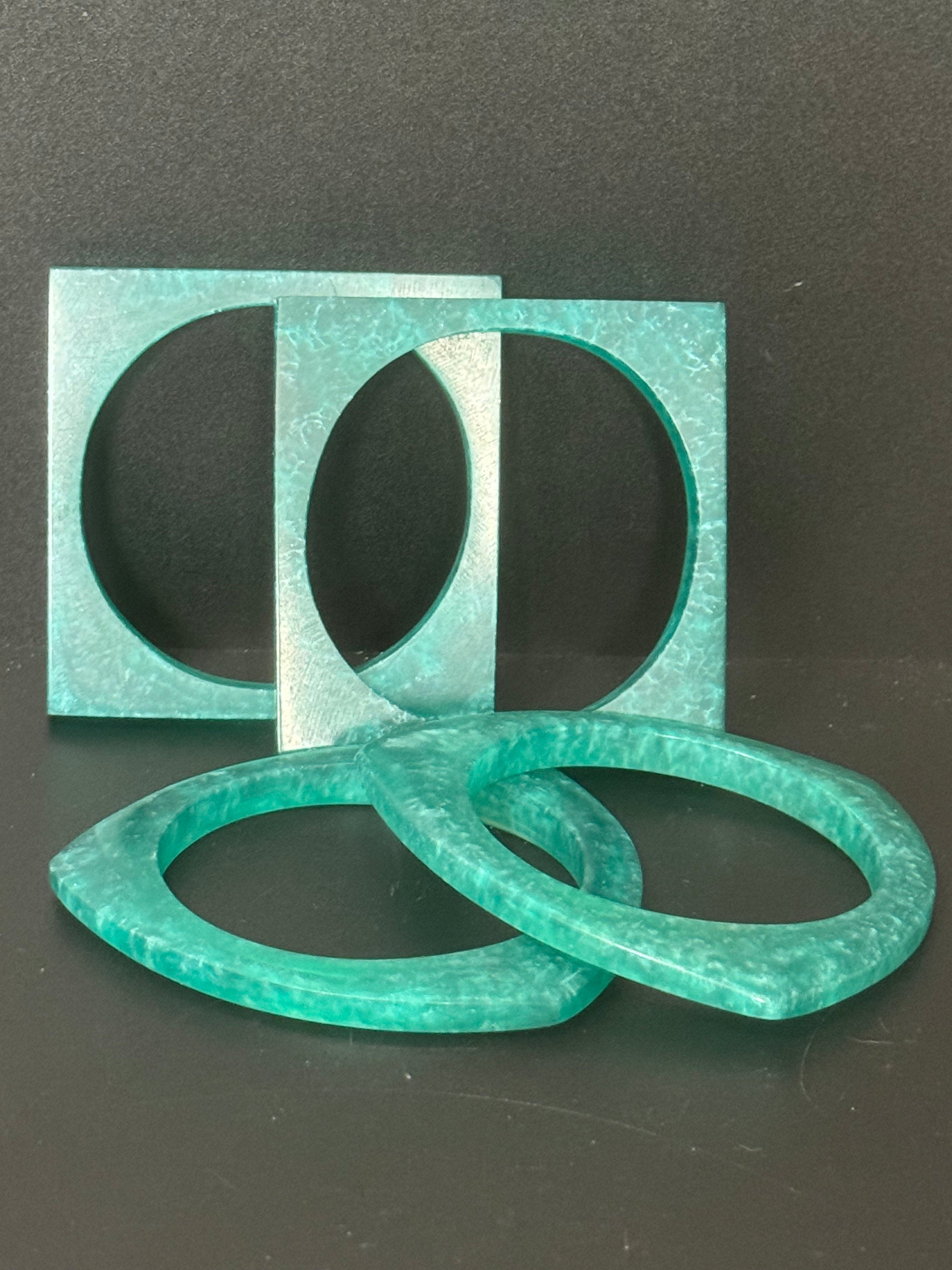 Set of 4 Dark turquoise blue stack of vintage geometric square triangle plastic bangles