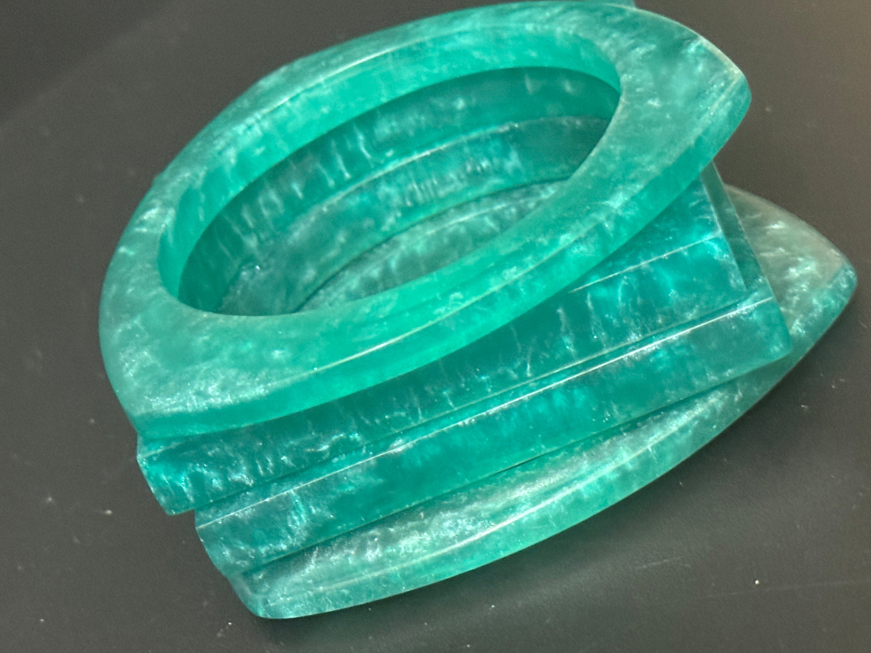 Set of 4 Dark turquoise blue stack of vintage geometric square triangle plastic bangles