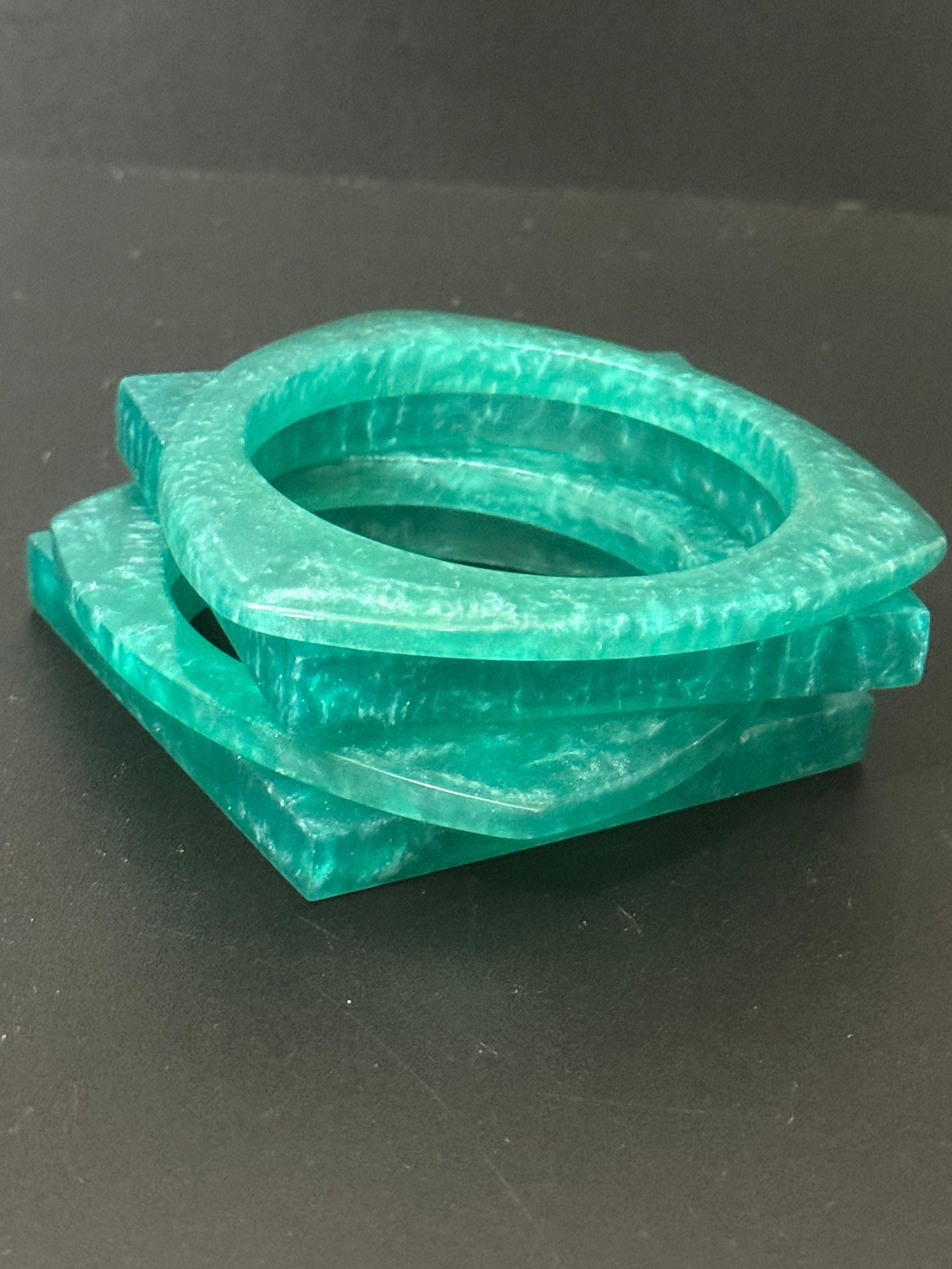 Set of 4 Dark turquoise blue stack of vintage geometric square triangle plastic bangles