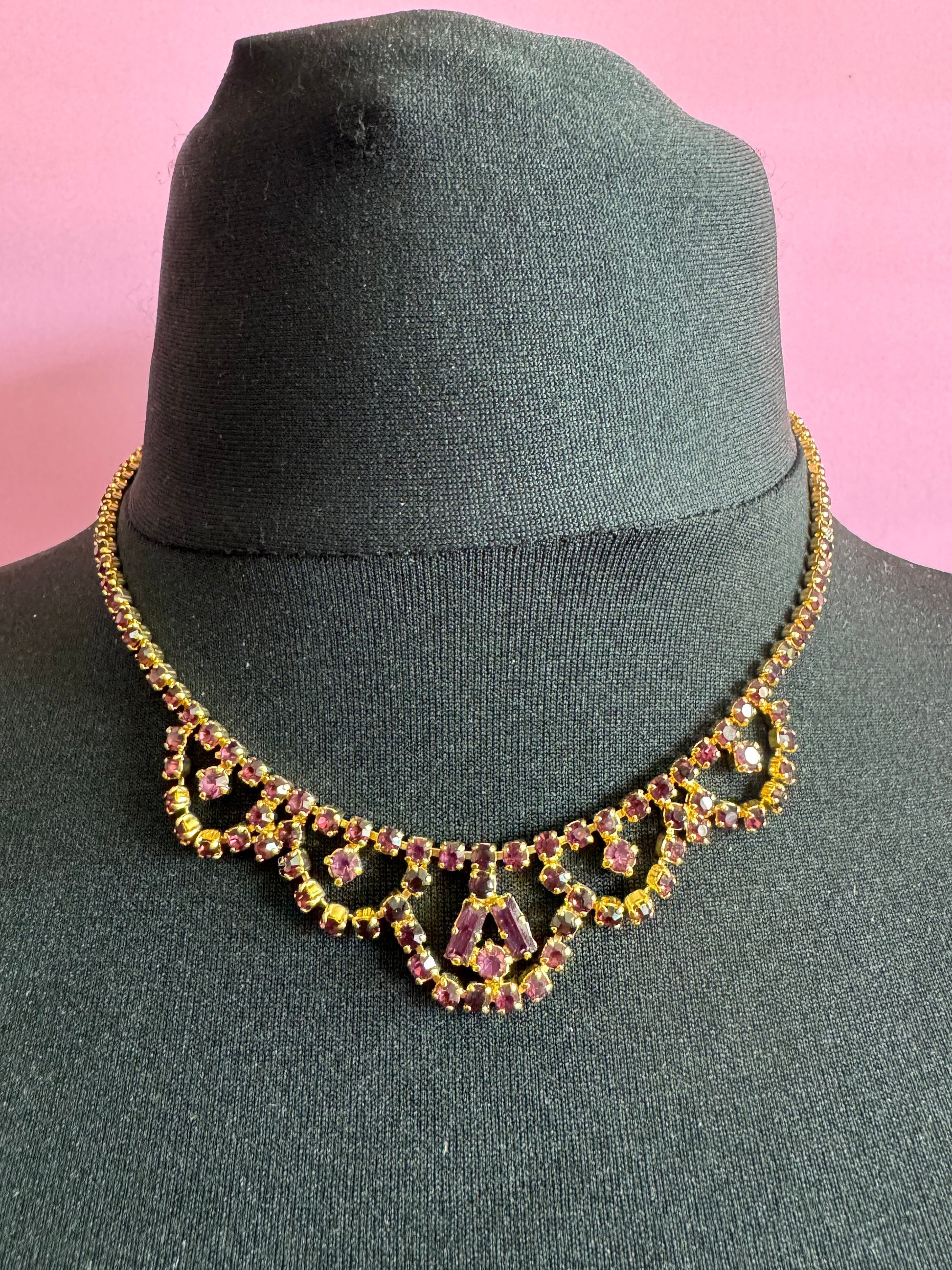 Amethyst Purple Glass Rhinestone Diamanté Paste Necklace Choker Mid Century 1950s 1960s Gold Tone Art Deco Hollywood Glamour