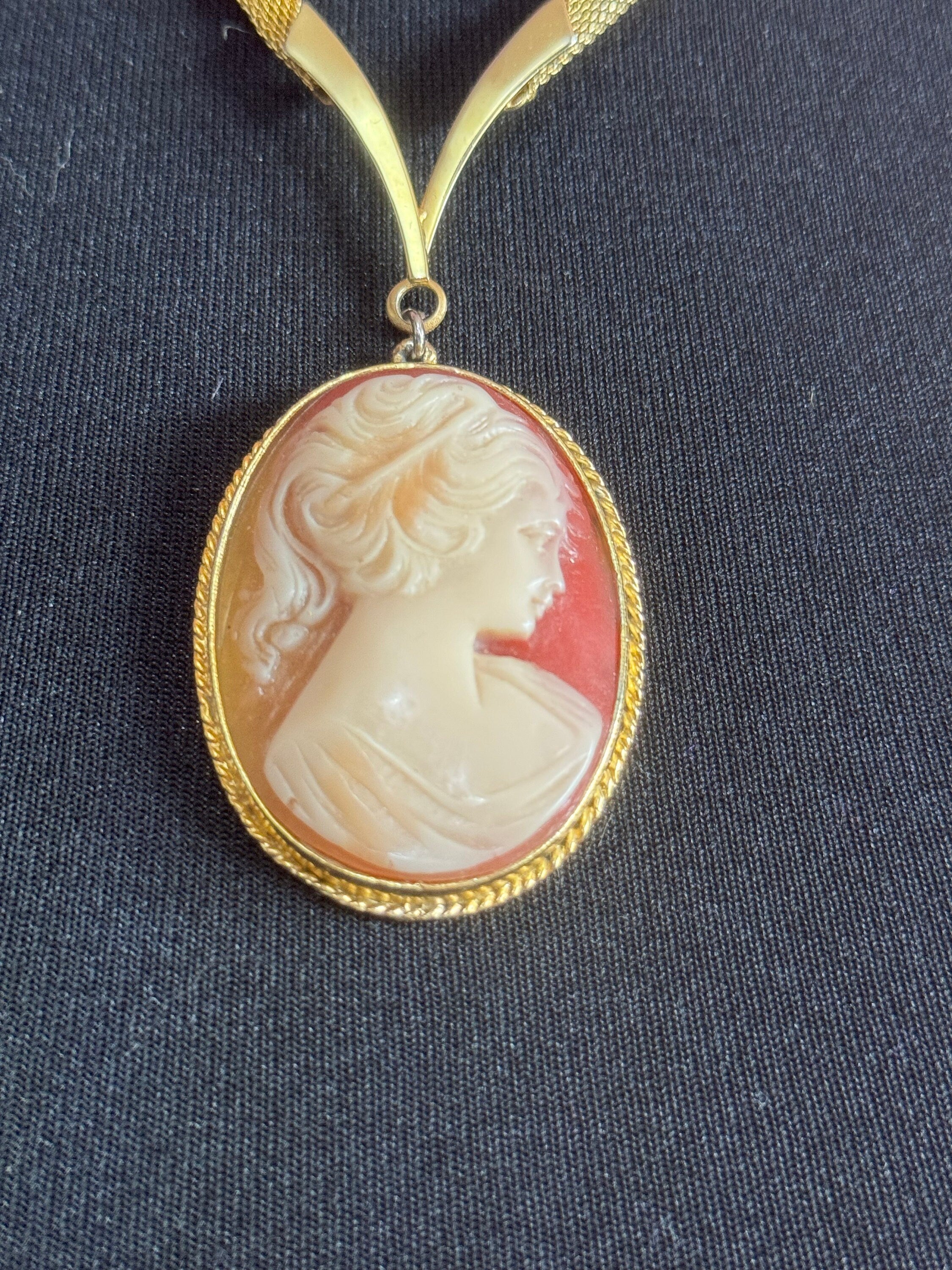 Vintage sphinx 1970s gold tone mesh chain resin oval CAMEO necklace pendant