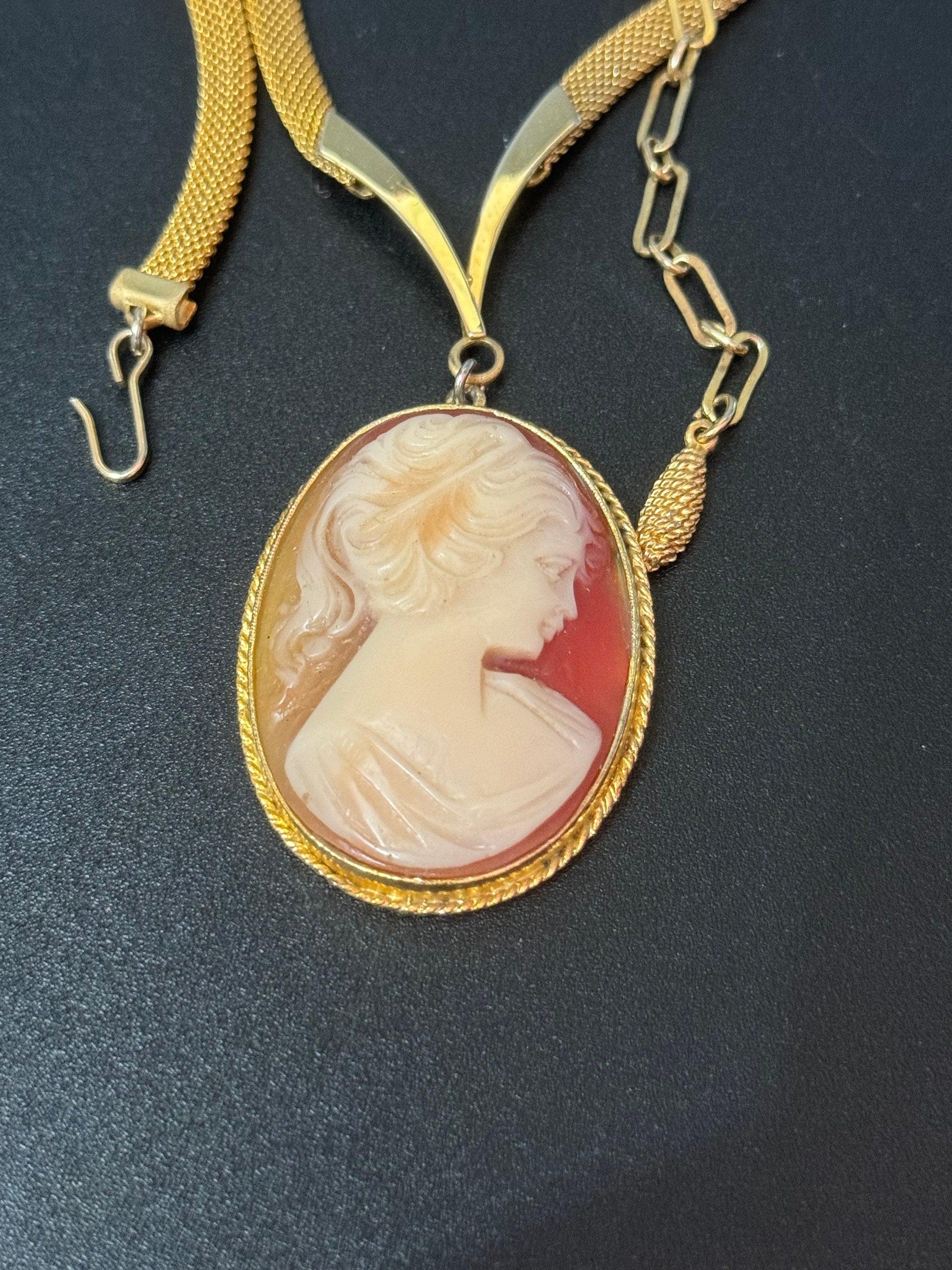 Vintage sphinx 1970s gold tone mesh chain resin oval CAMEO necklace pendant