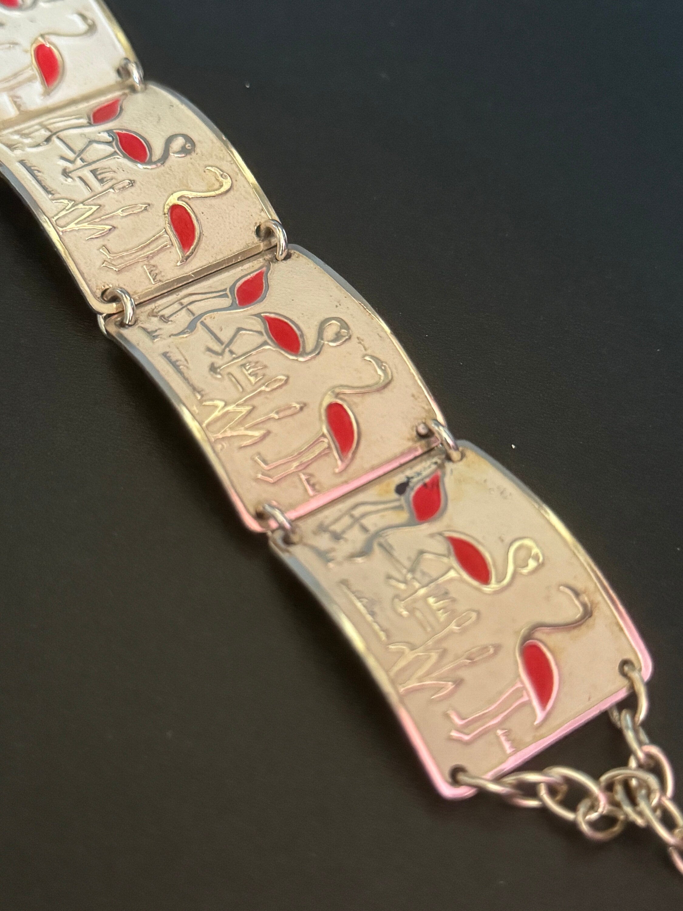 Vintage Champagne gold Tone cream enamel Souvenir tourist panel link bracelet lightweight aluminium tropical flamingo