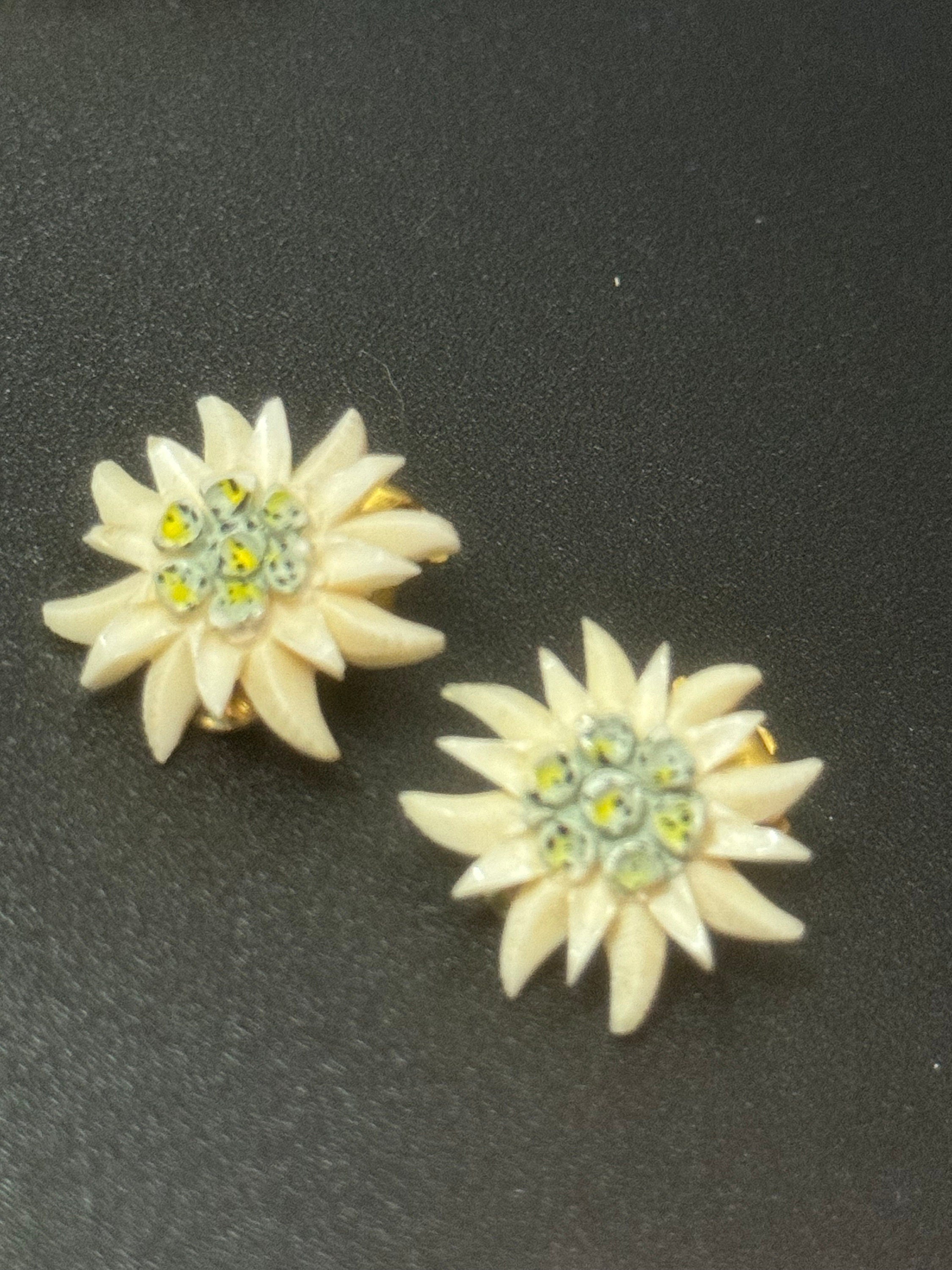 Vintage early plastic celluloid Edelweiss floral clip on earrings art deco