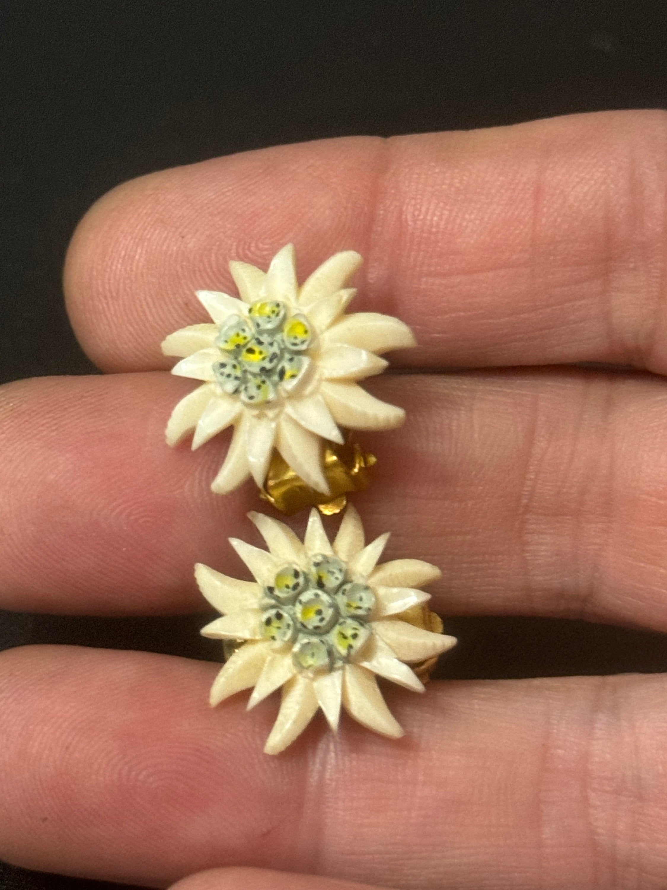 Vintage early plastic celluloid Edelweiss floral clip on earrings art deco