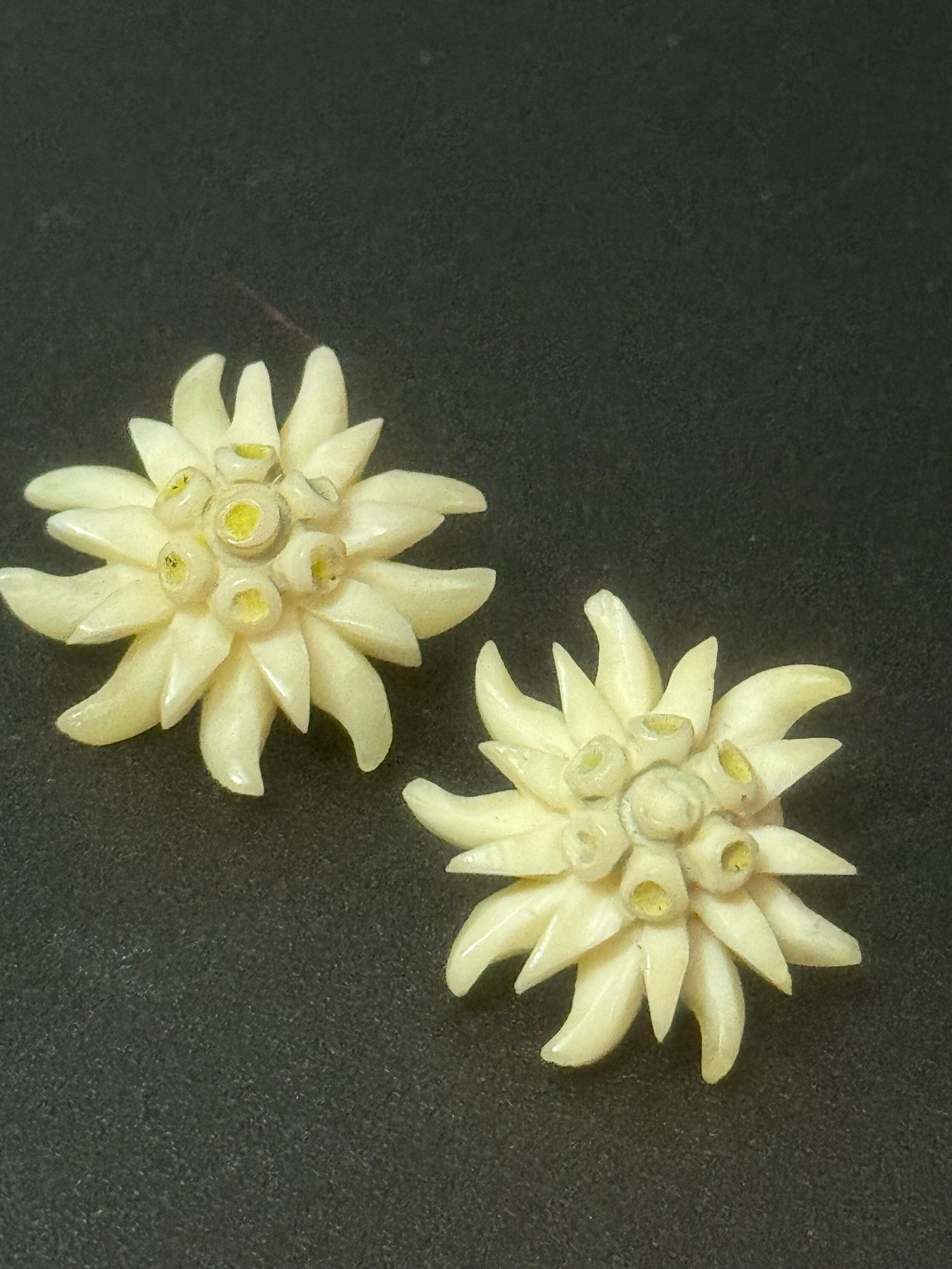 Vintage early plastic celluloid Edelweiss floral clip on earrings art deco