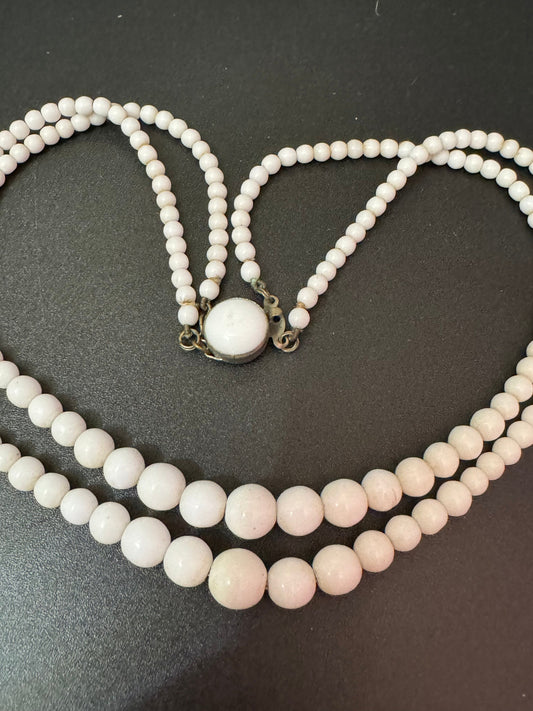 vintage white Milk glass round knotted double strand 2 row beaded necklace