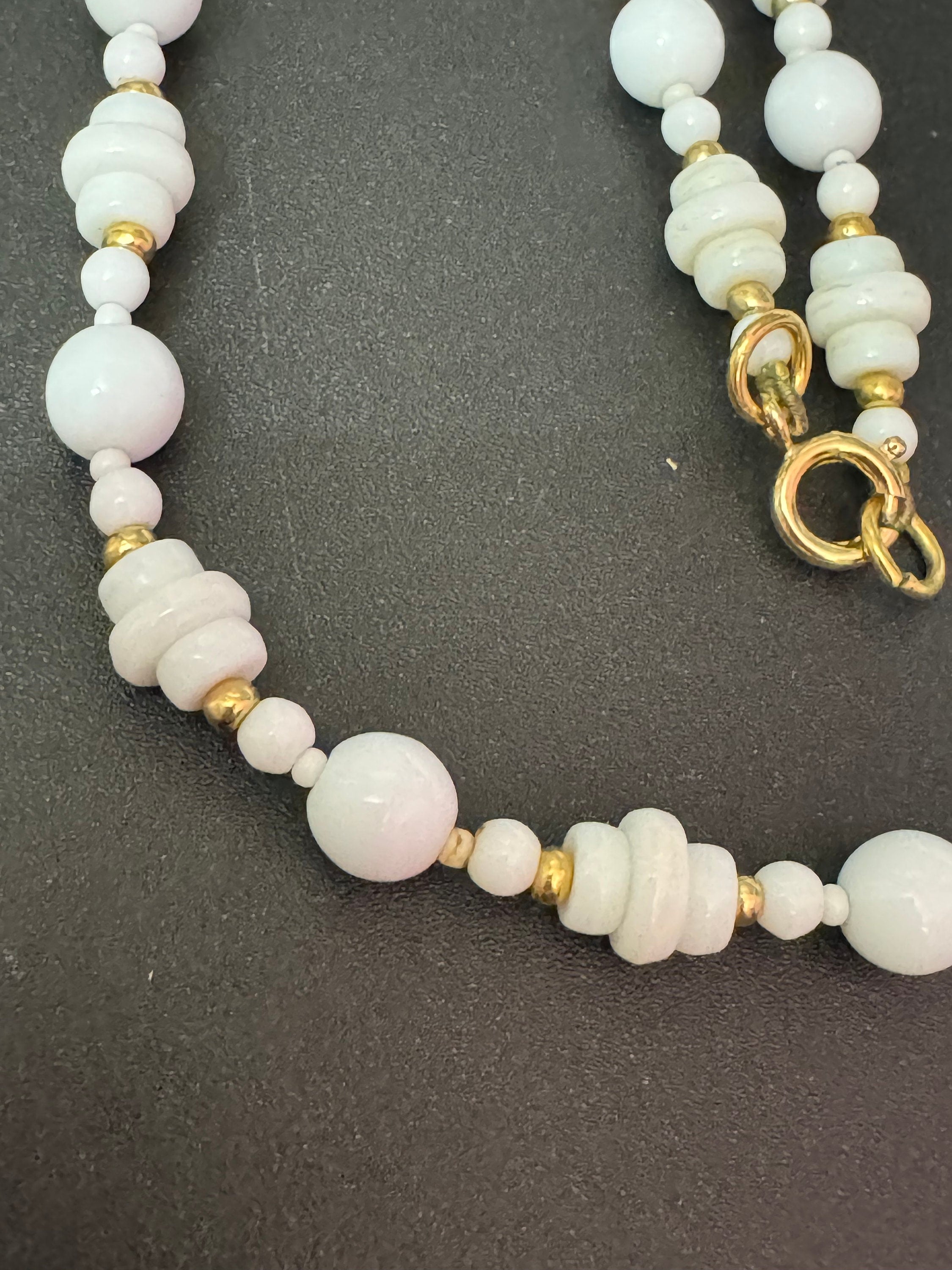 Vintage White milk glass round beaded necklace with small gold spacers 63cm geometric