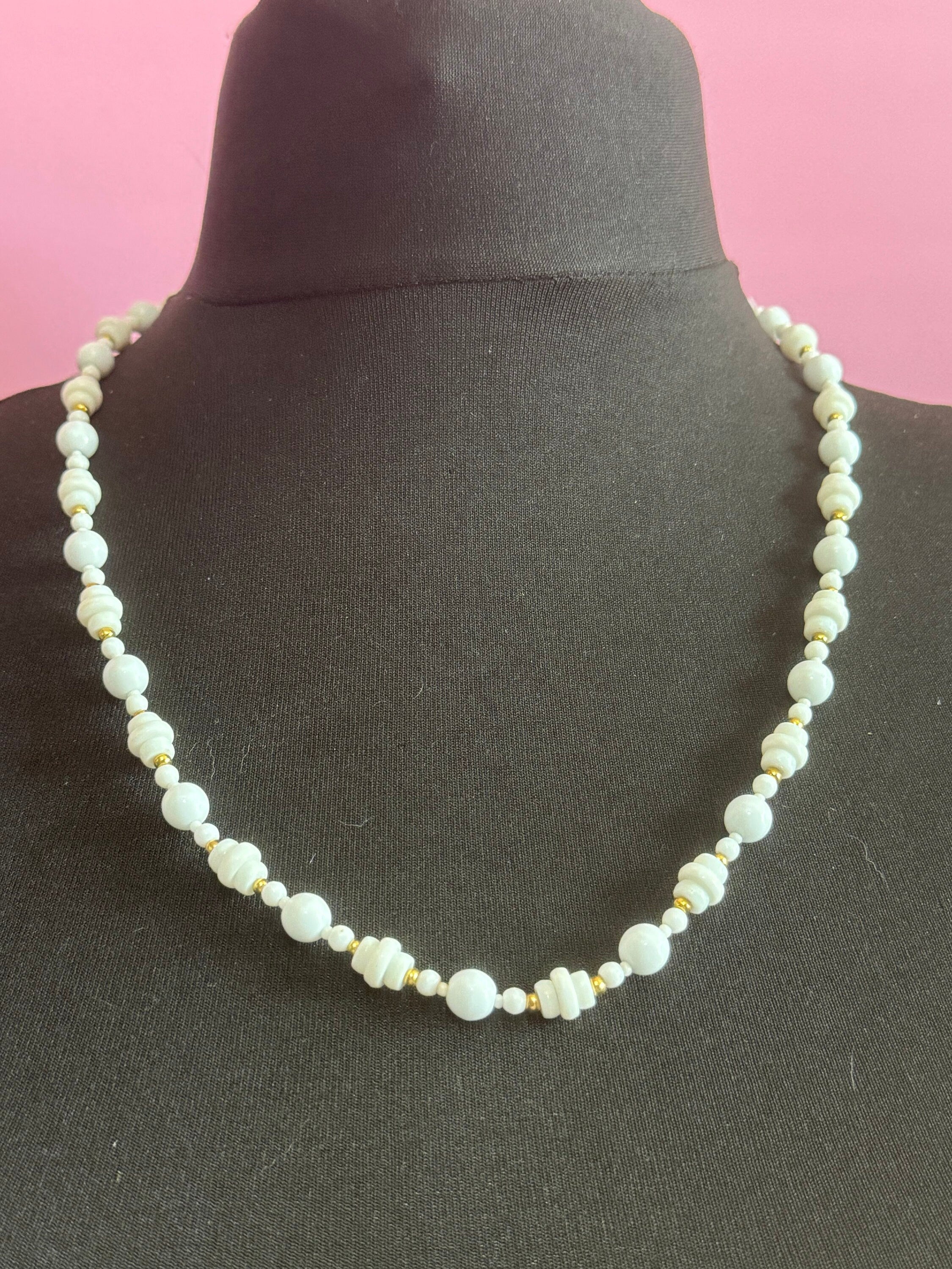 Vintage White milk glass round beaded necklace with small gold spacers 63cm geometric