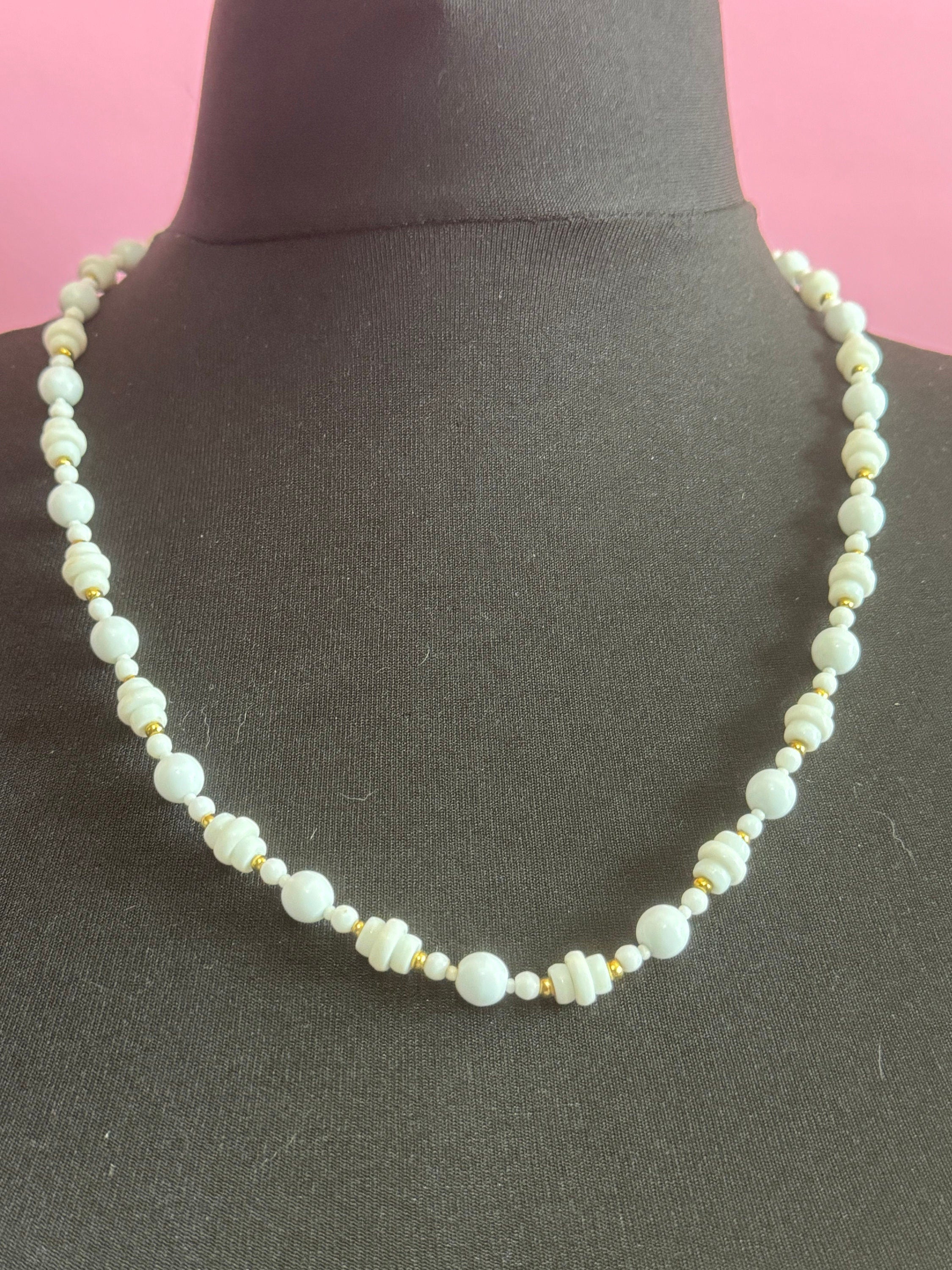 Vintage White milk glass round beaded necklace with small gold spacers 63cm geometric