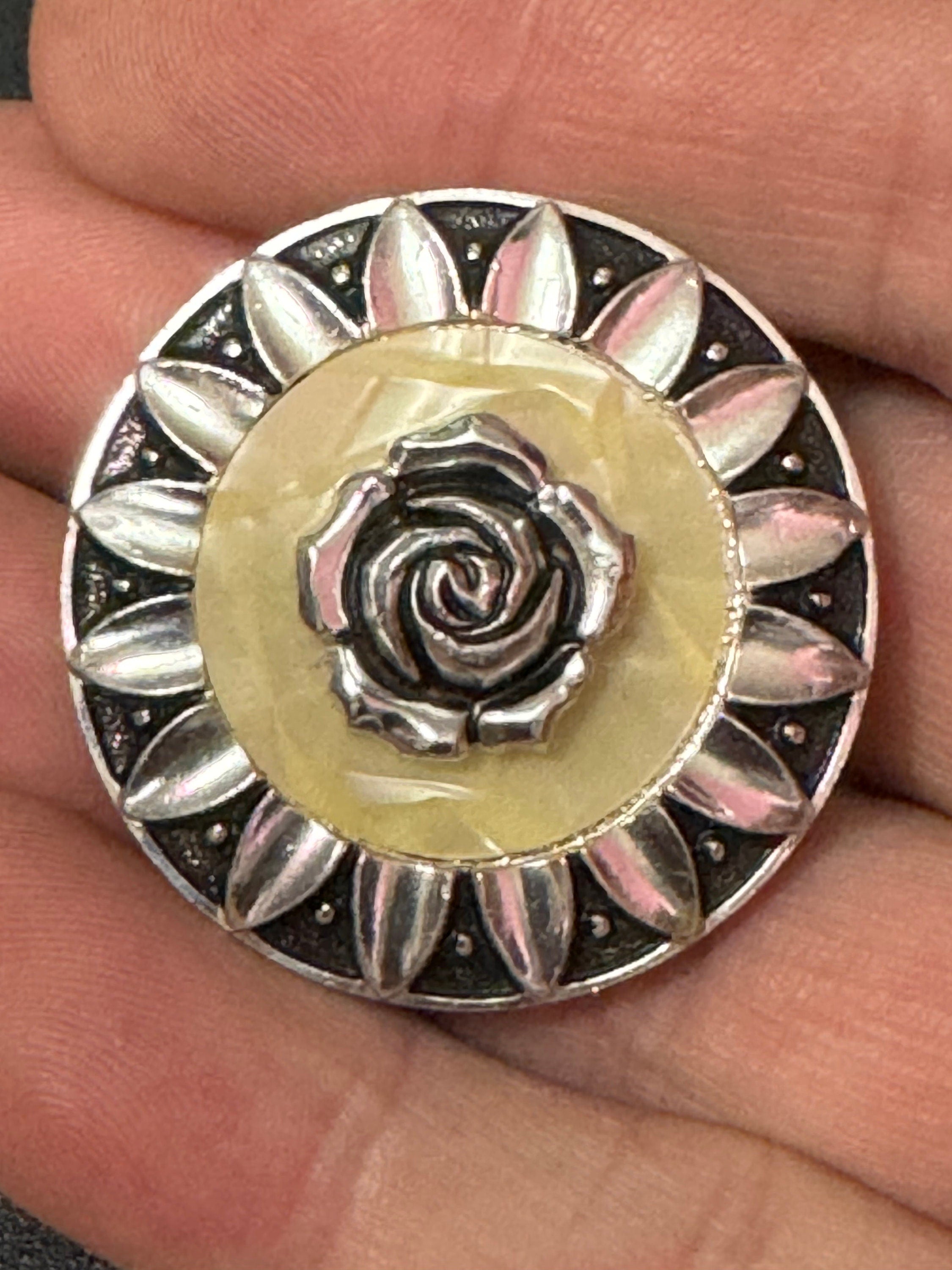 Vintage celluloid silver tone floral rose round Scarf ring clip mid century