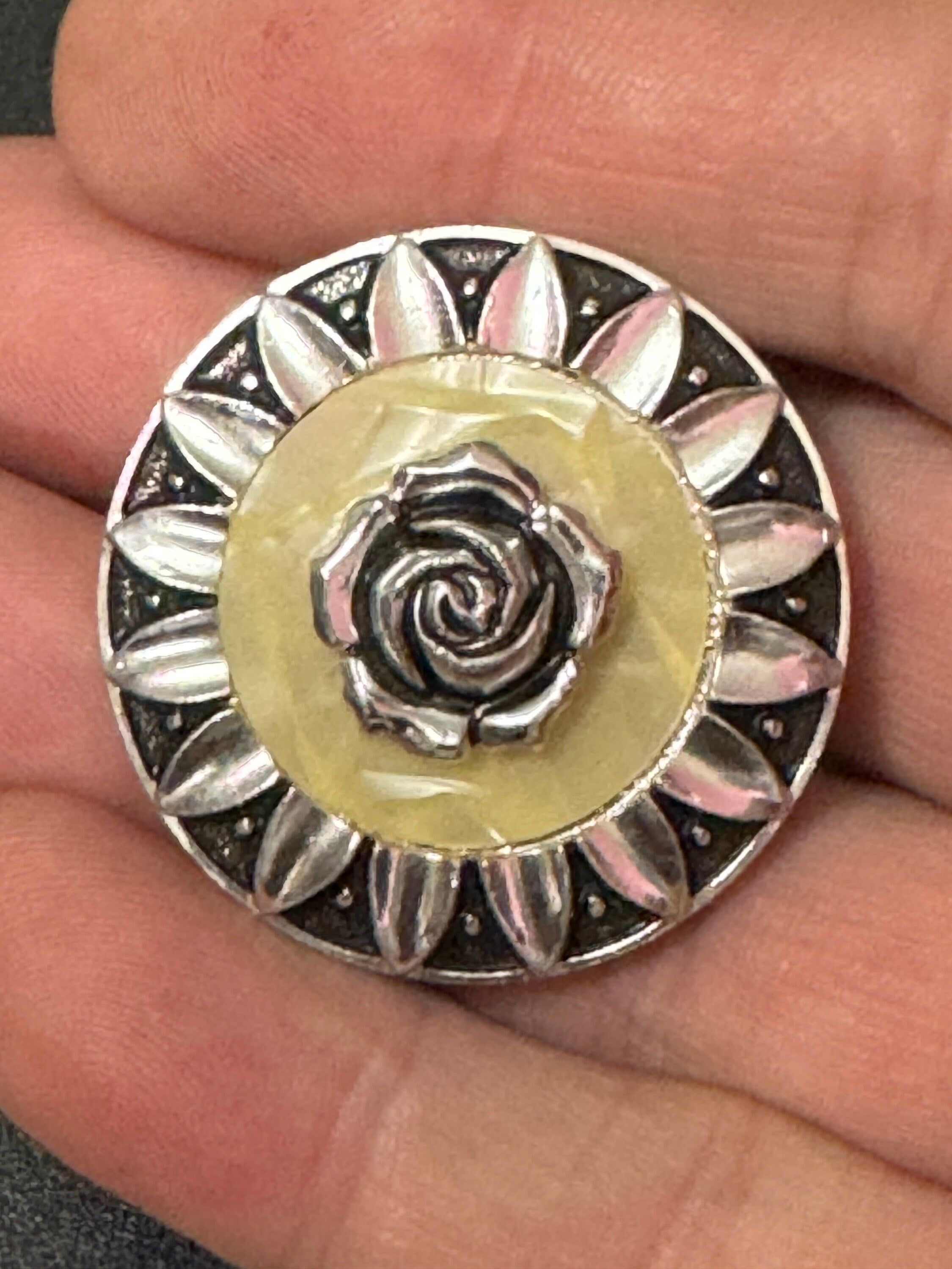 Vintage celluloid silver tone floral rose round Scarf ring clip mid century