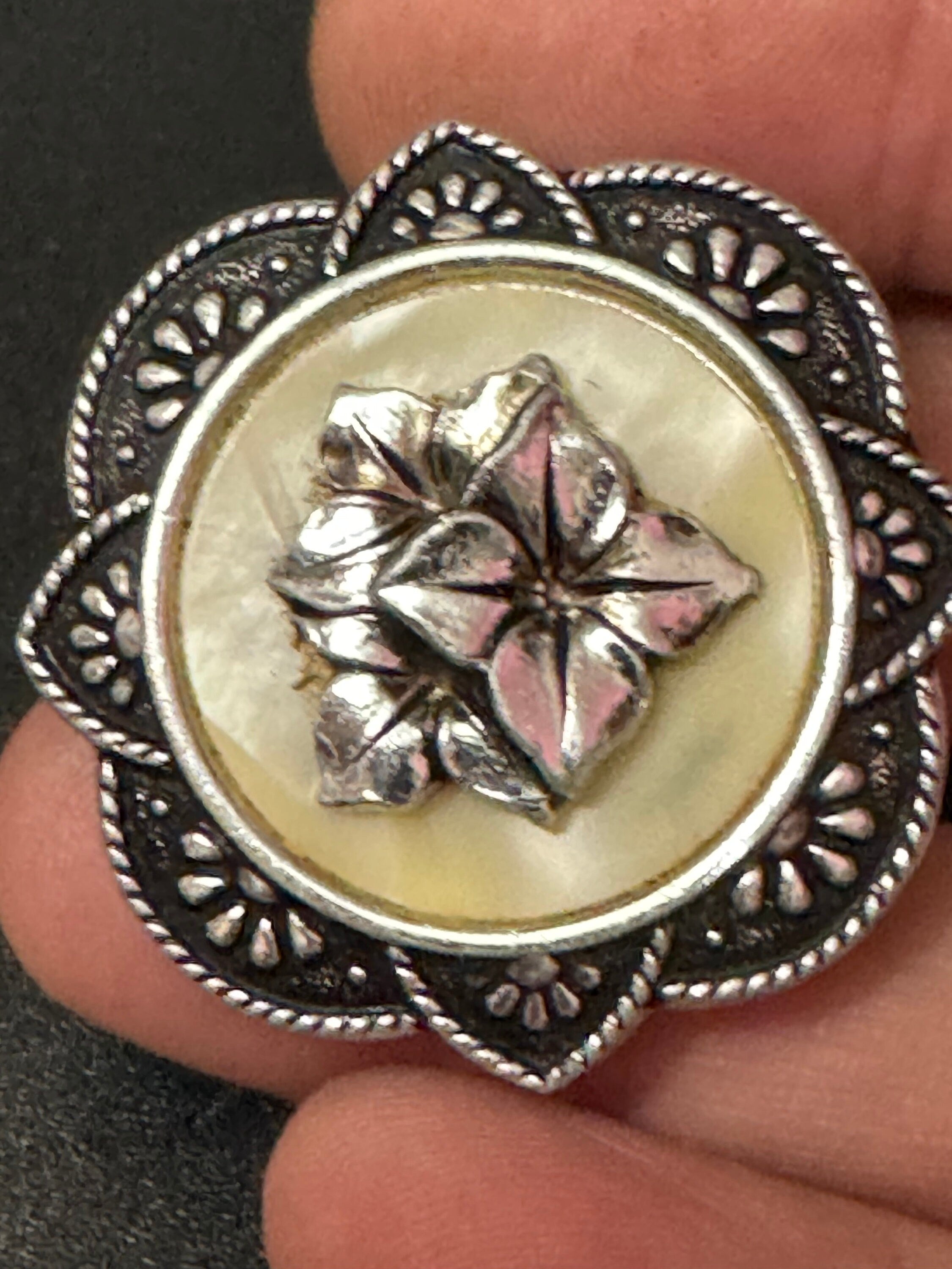 Vintage celluloid silver tone floral rose round Scarf ring clip mid century