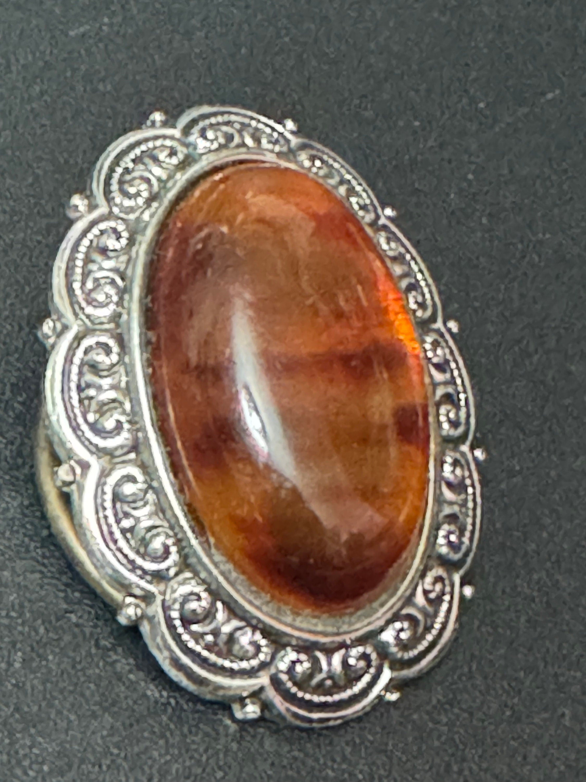 Vintage German Silver Tone brown faux tortoiseshell lucite oval cabochon scarf clip Ring 1960s