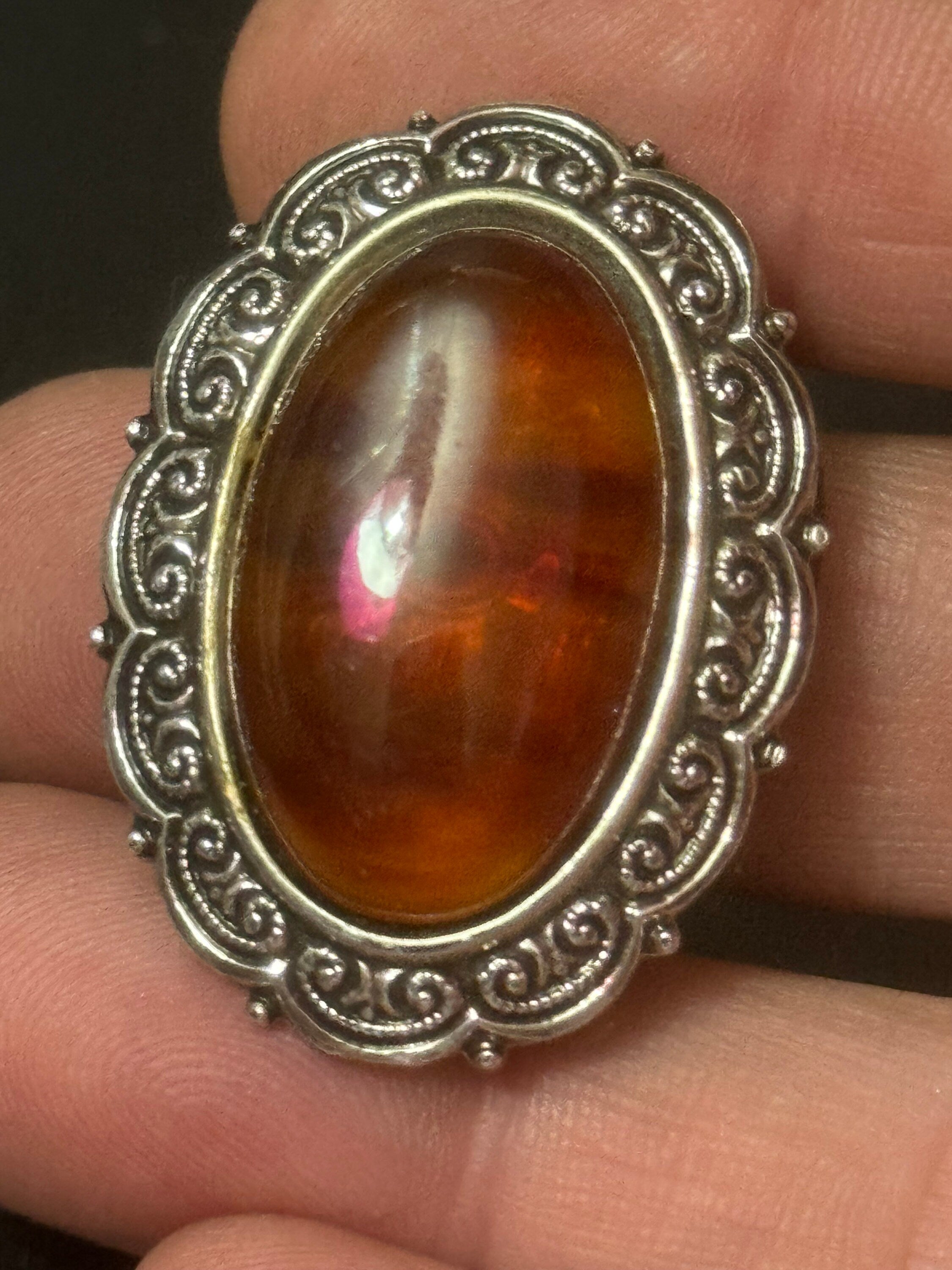 Vintage German Silver Tone brown faux tortoiseshell lucite oval cabochon scarf clip Ring 1960s