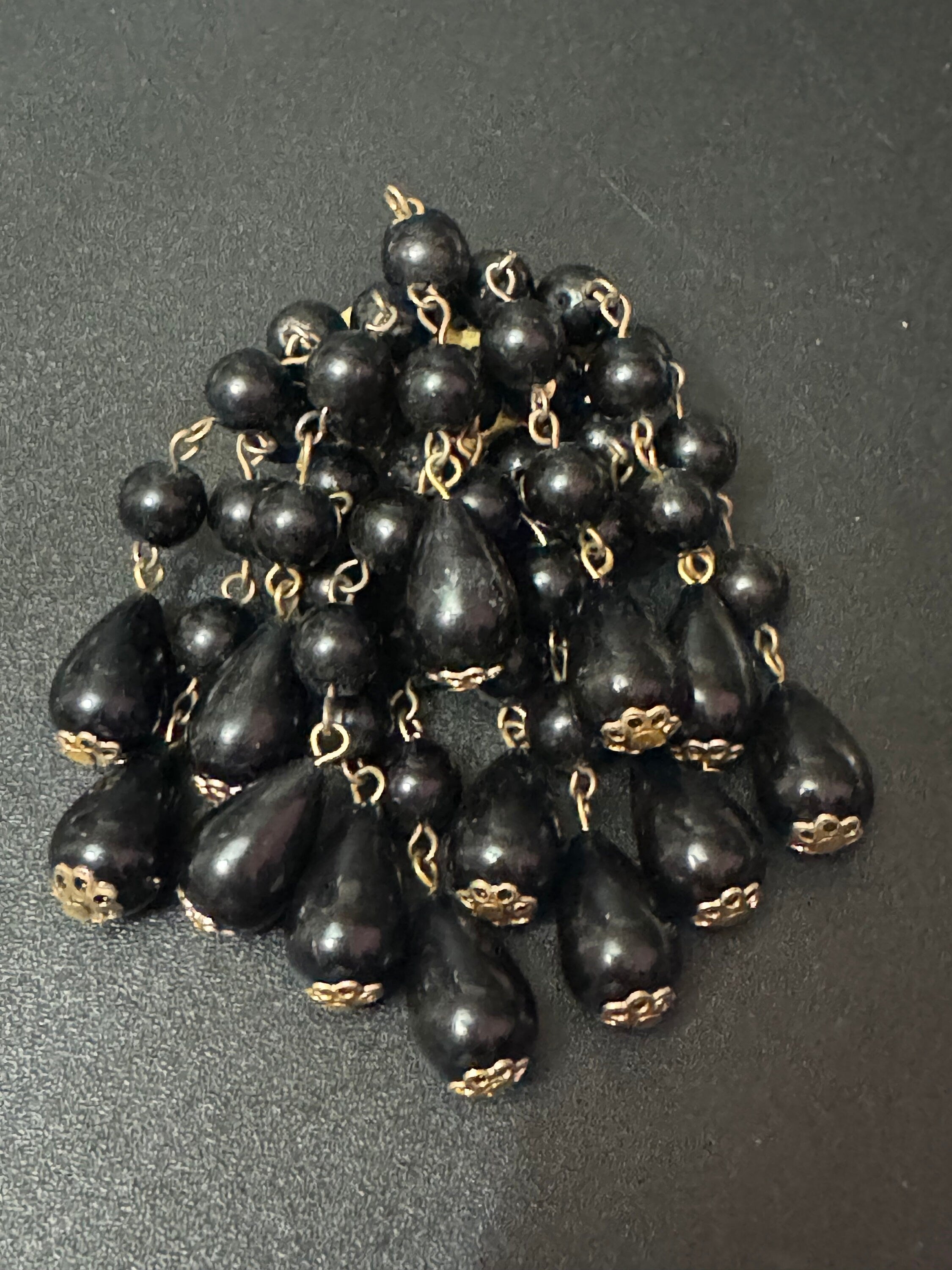 Vintage Waterfall Gold Tone black plastic beads beaded waterfall cascade Brooch Large