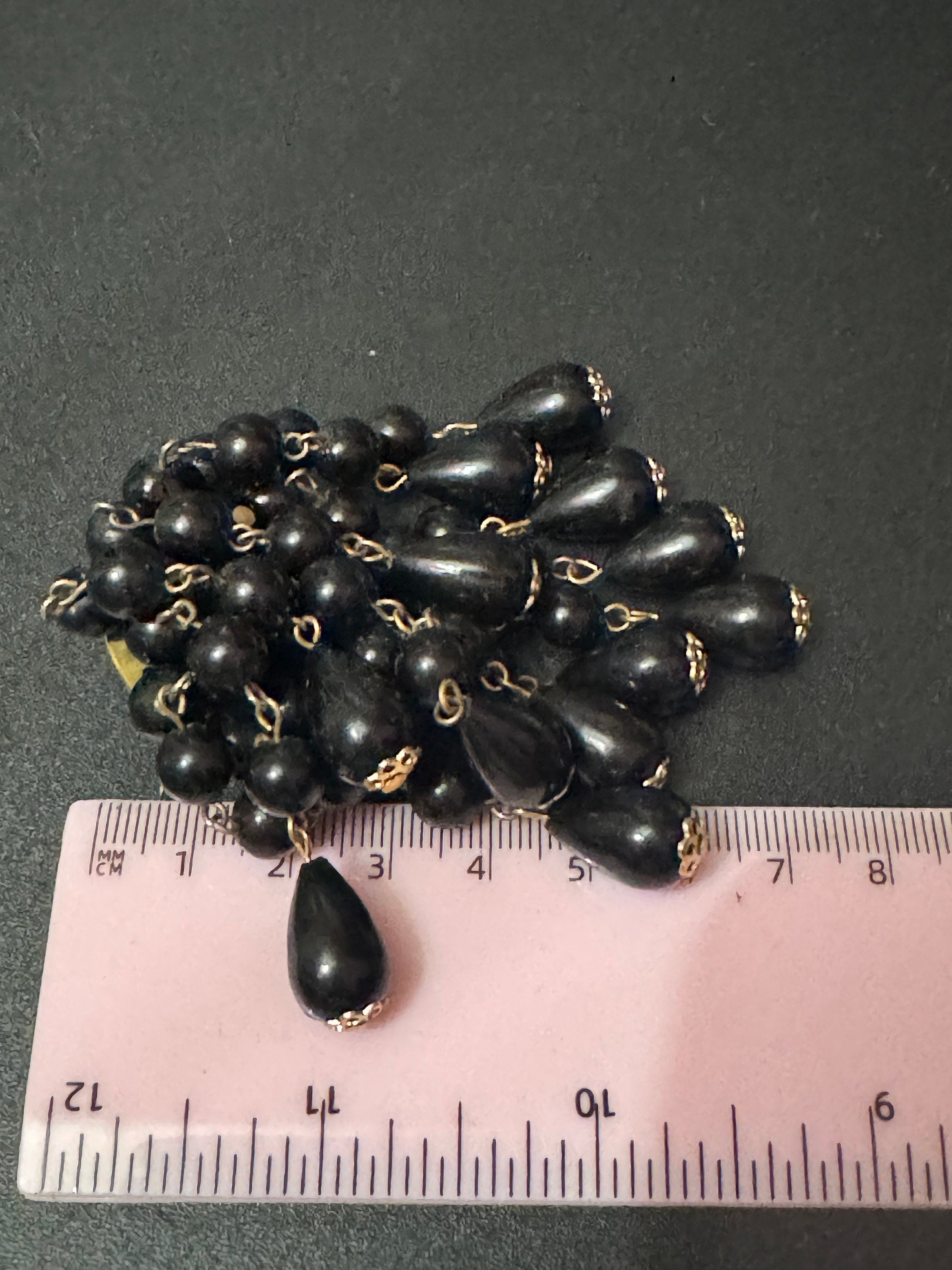 Vintage Waterfall Gold Tone black plastic beads beaded waterfall cascade Brooch Large