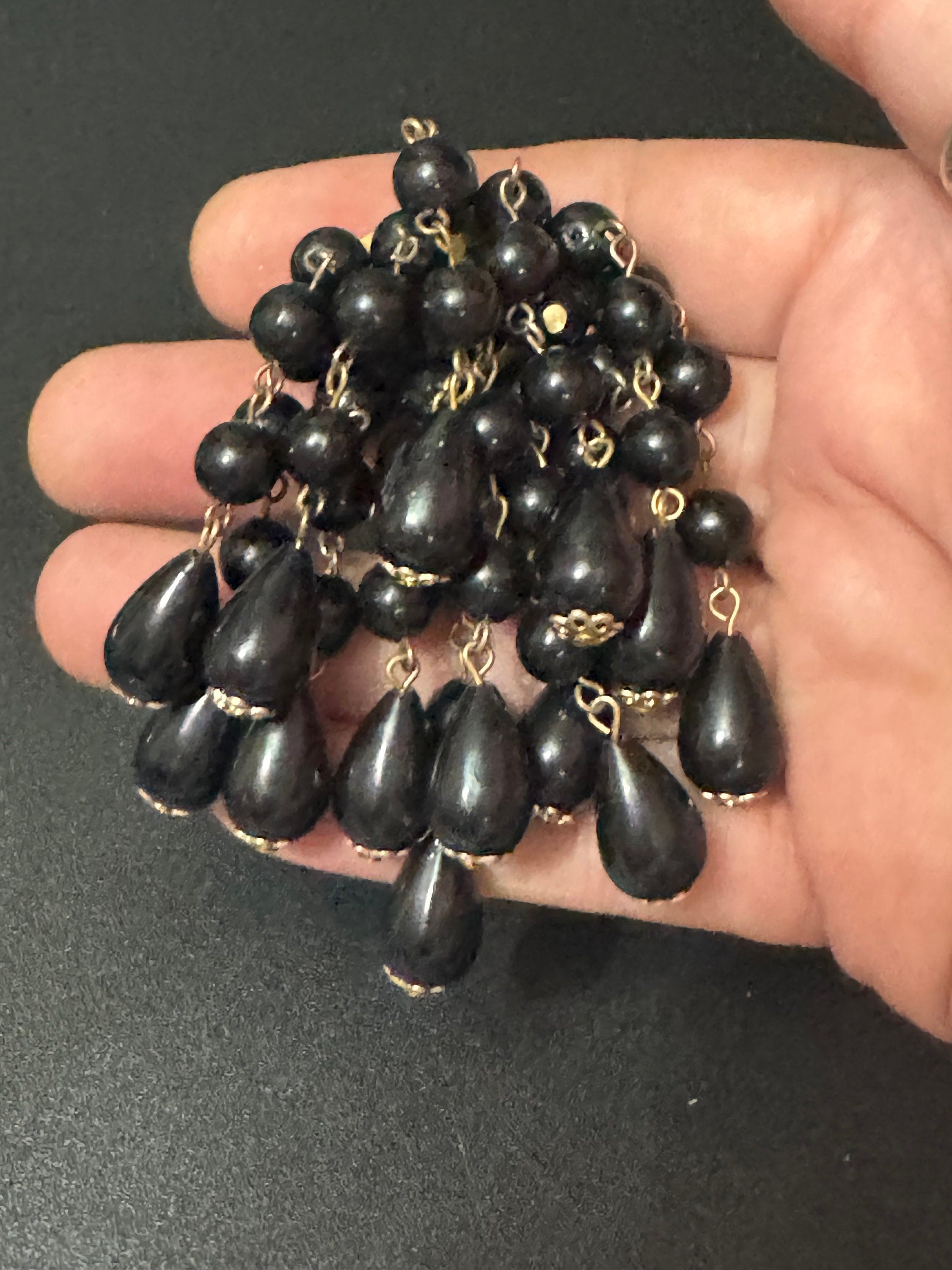 Vintage Waterfall Gold Tone black plastic beads beaded waterfall cascade Brooch Large