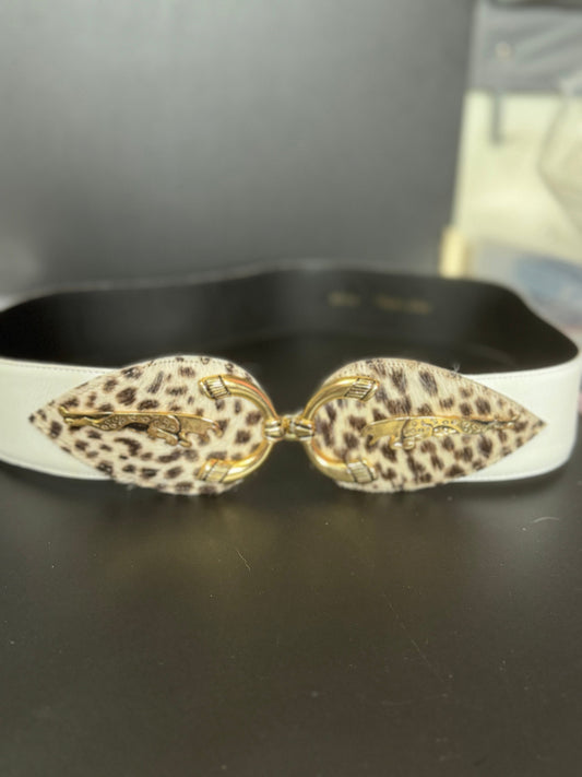 To 88cm Signed stephen Collins leopard print wide white cream leather belt vintage retro