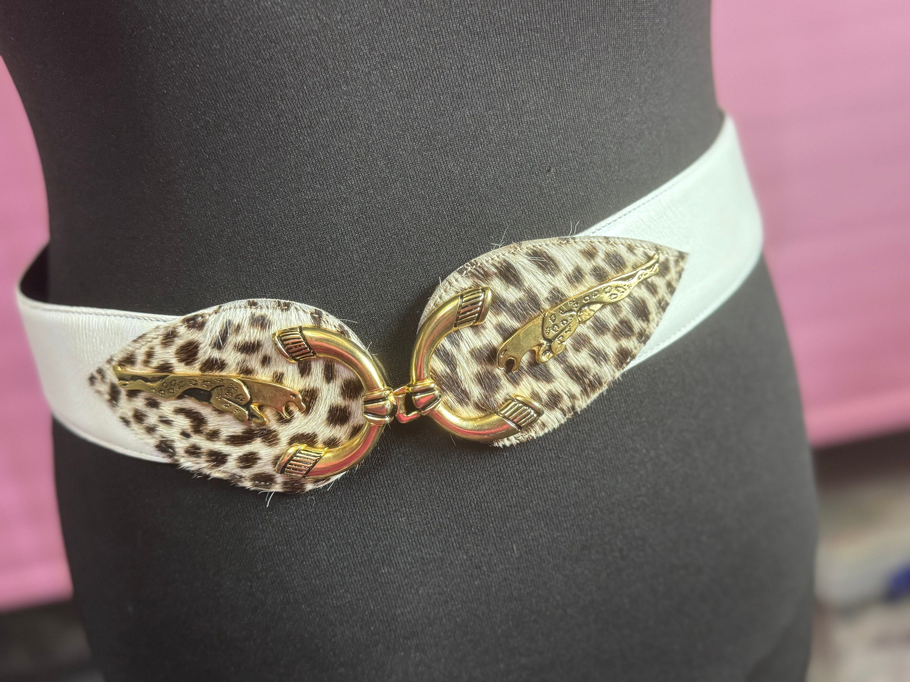 To 88cm Signed stephen Collins leopard print wide white cream leather belt vintage retro