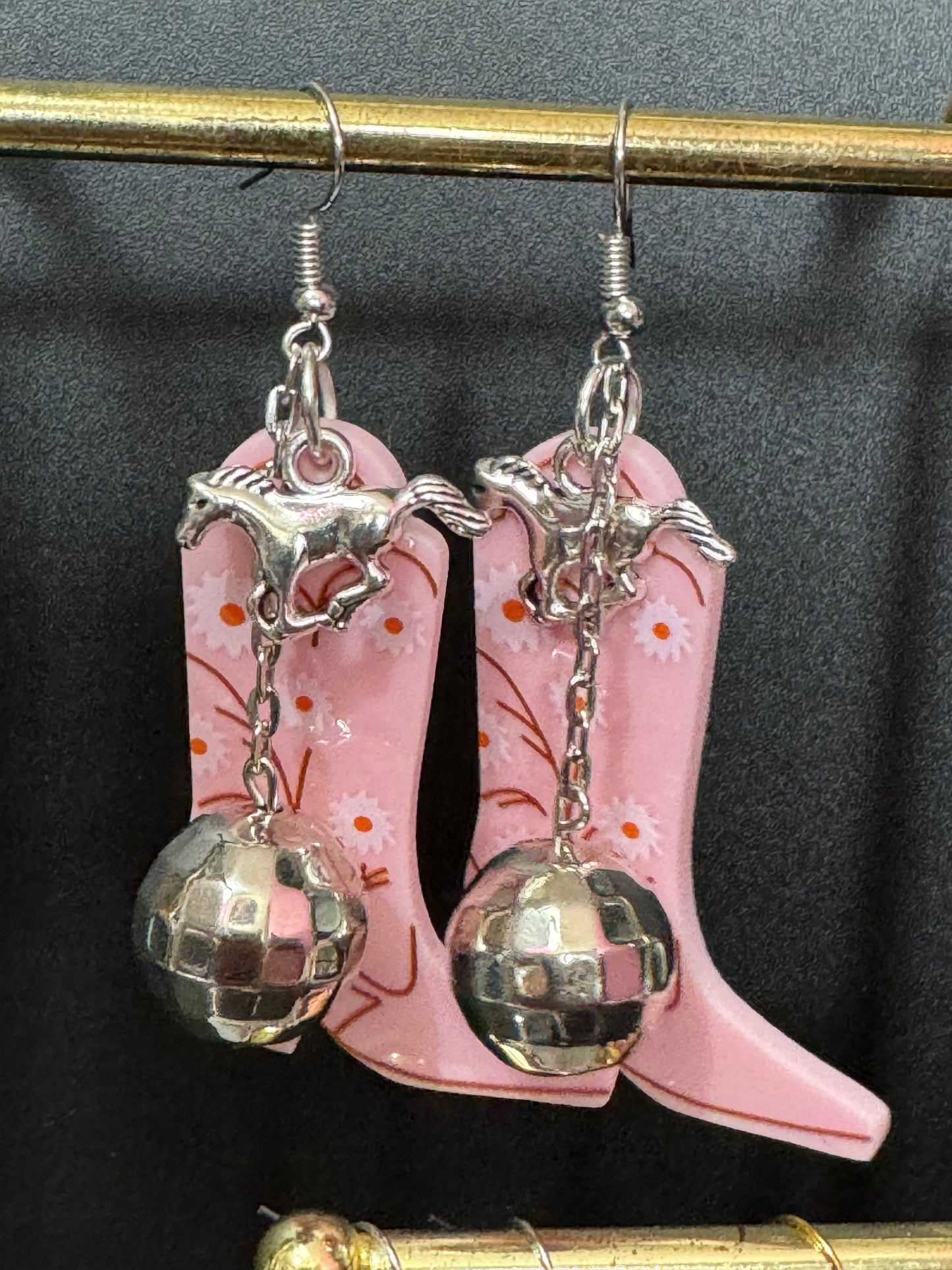 pink cowboy boot and horse and disco ball long dangly earrings silver tone dolly disco western jewellery