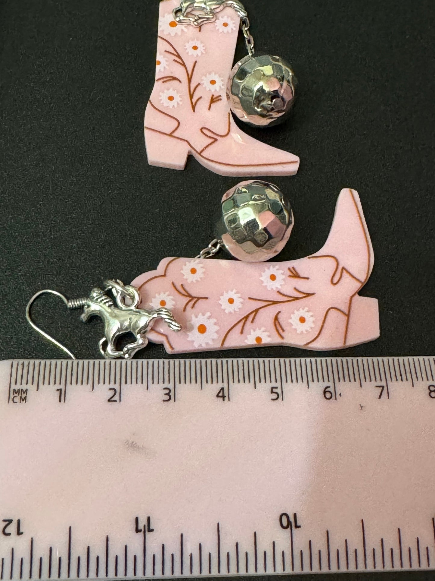 pink cowboy boot and horse and disco ball long dangly earrings silver tone dolly disco western jewellery