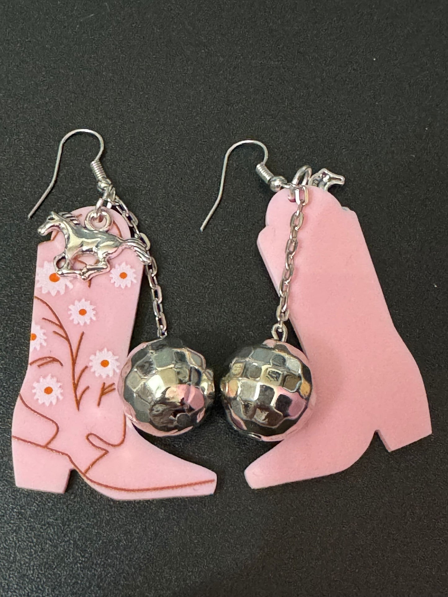 pink cowboy boot and horse and disco ball long dangly earrings silver tone dolly disco western jewellery