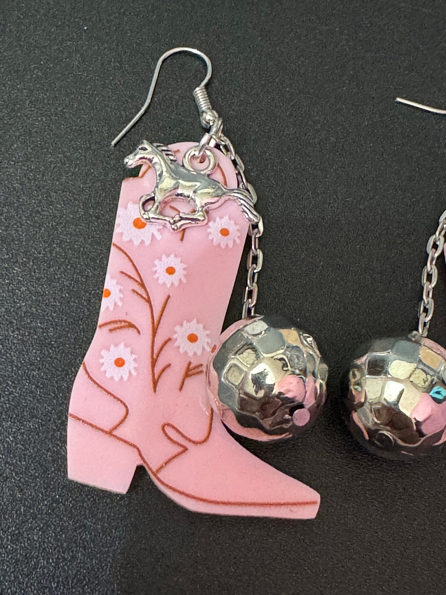 pink cowboy boot and horse and disco ball long dangly earrings silver tone dolly disco western jewellery