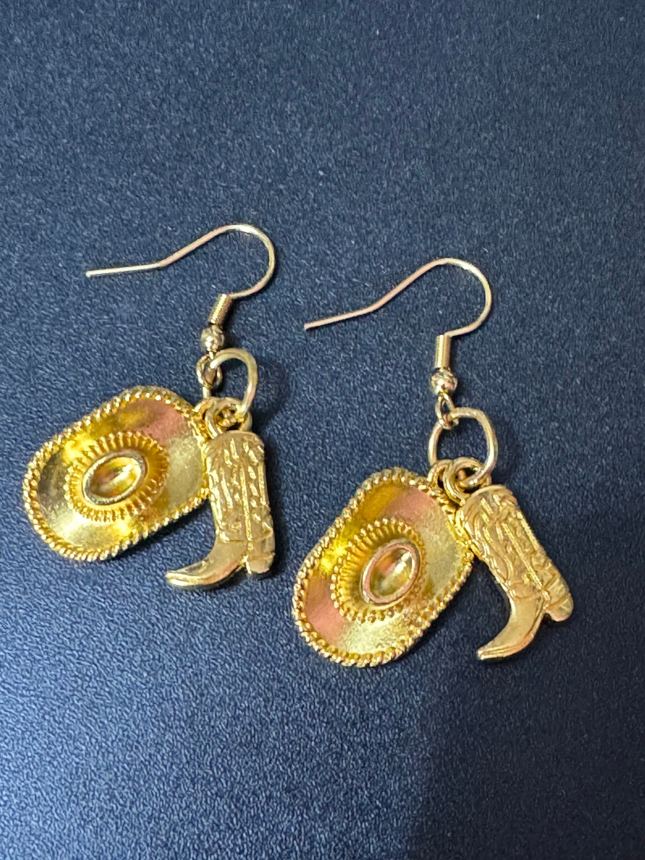 Western cowgirl earrings 2.0 gold tone cowboy boot and hat dangly drops Dolly Parton jewellery pierced