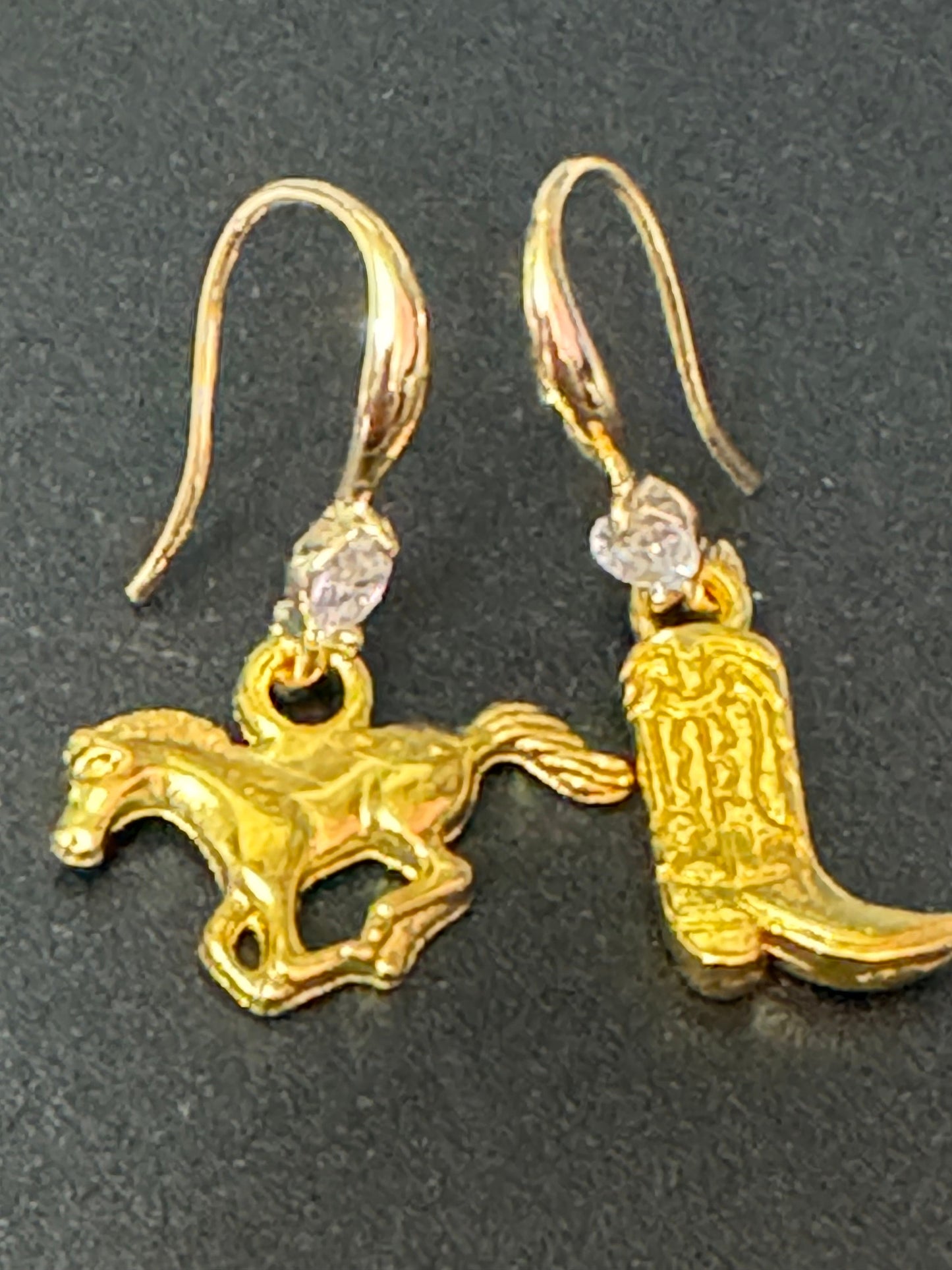 Western 2.0 gold tone mismatched cowboy boot and horse dangly earrings Dolly Parton jewellery pierced