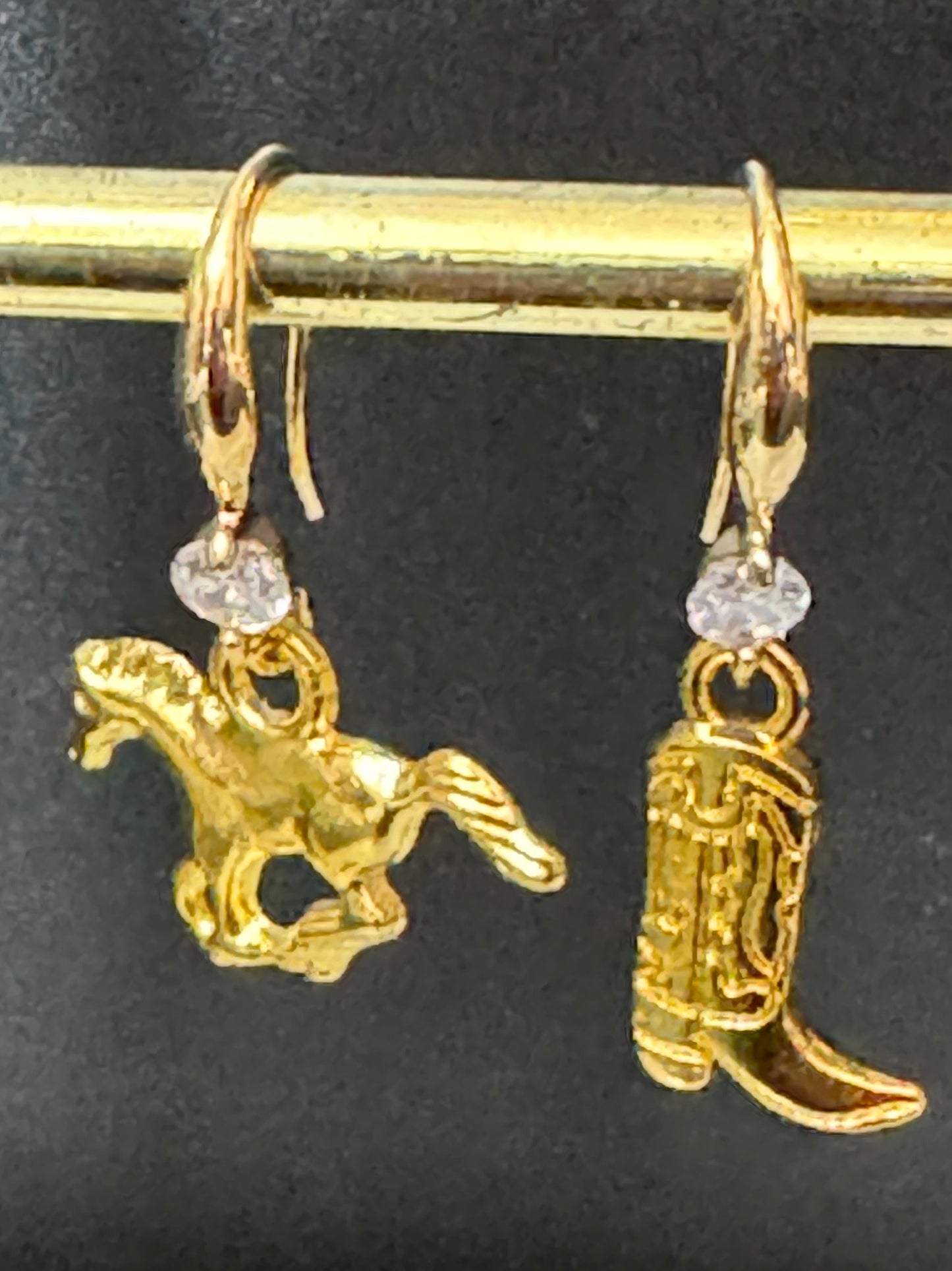 18k gold plated earwires  mismatched diamanté cowboy boot and horse dangly earrings Yellowstone Texas jewellery pierced