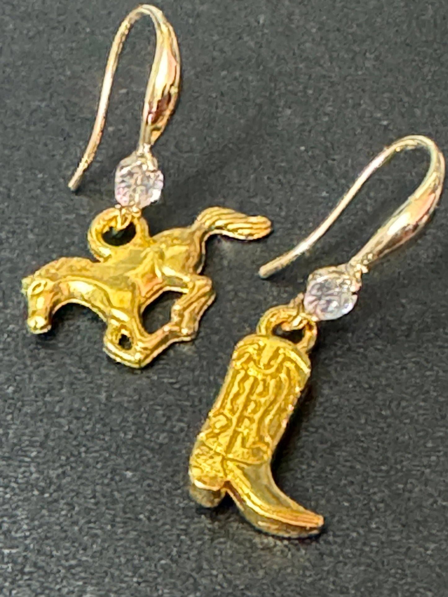 18k gold plated earwires  mismatched diamanté cowboy boot and horse dangly earrings Yellowstone Texas jewellery pierced